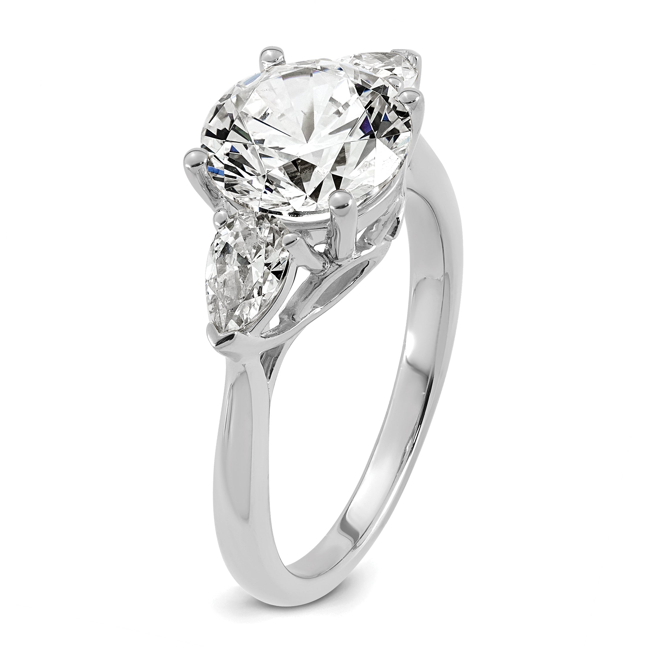 14k White Gold 3 carat Certified Lab Grown Diamond VS+ F+ Round with Pear Sidestones Complete Three Stone Engagement Ring