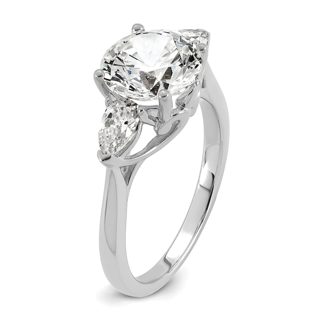 14k White Gold 3 5/8 carat Lab Grown Diamond VS+ F+ Round with Pear Sidestones Complete Three Stone Engagement Ring