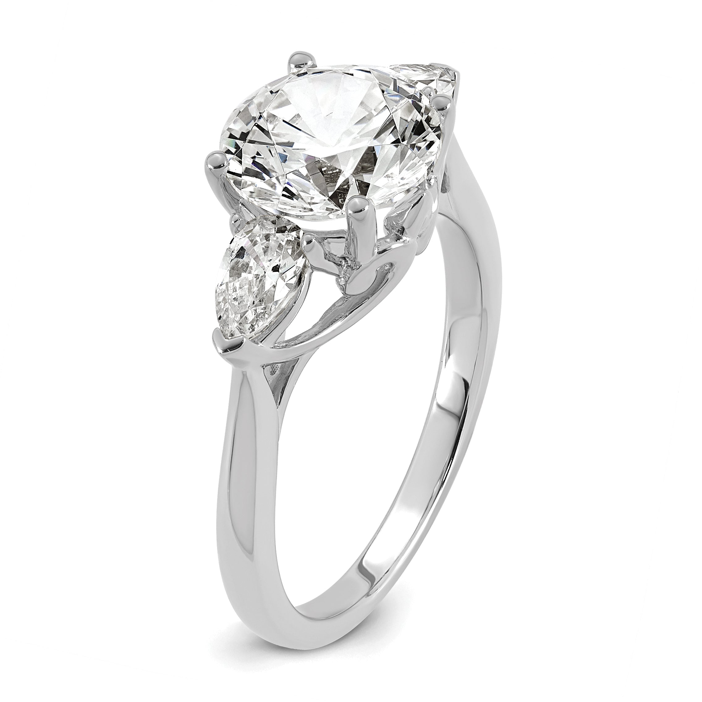 14k White Gold 3 5/8 carat Lab Grown Diamond VS+ F+ Round with Pear Sidestones Complete Three Stone Engagement Ring