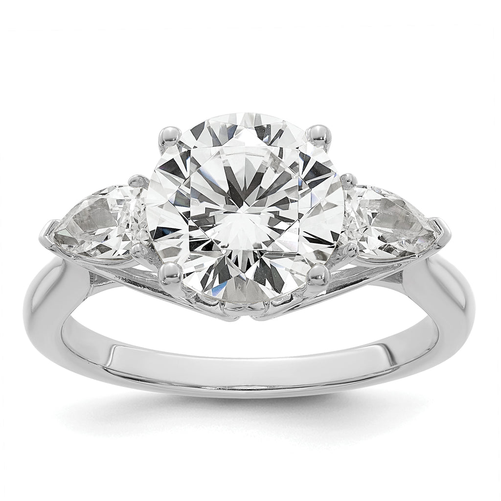 14k White Gold 3 5/8 carat Lab Grown Diamond VS+ F+ Round with Pear Sidestones Complete Three Stone Engagement Ring