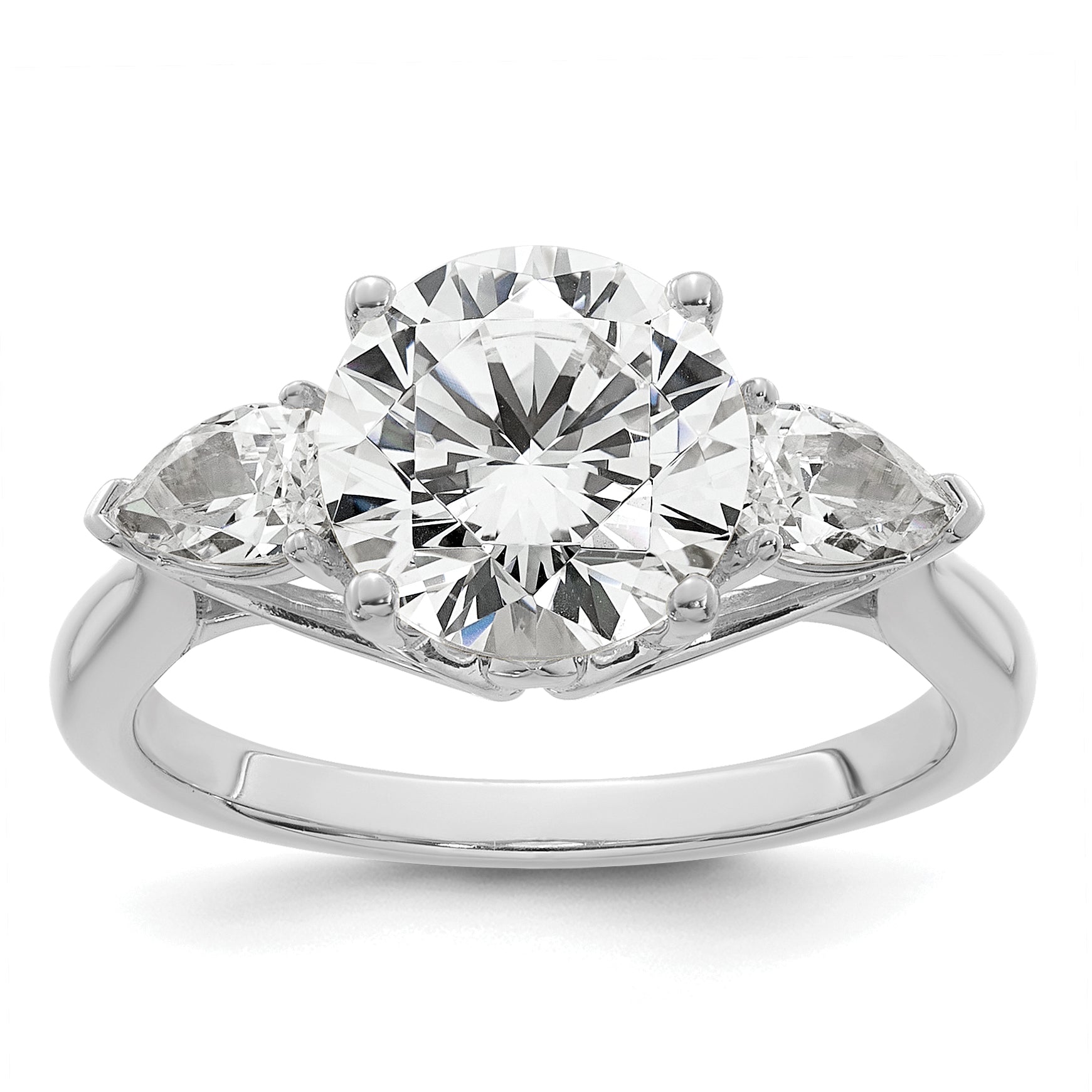 14k White Gold 3 5/8 carat Lab Grown Diamond VS+ F+ Round with Pear Sidestones Complete Three Stone Engagement Ring