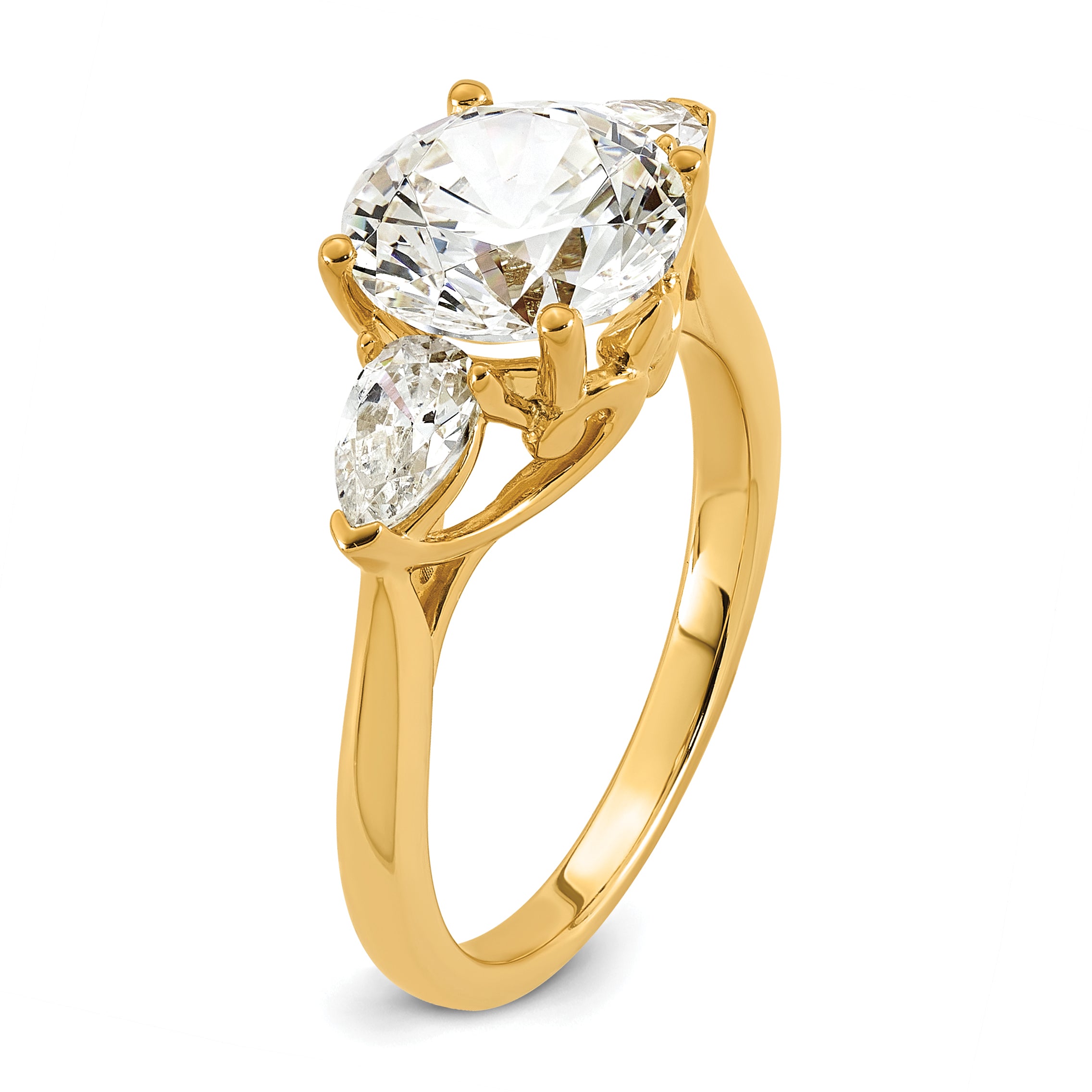 14k 3 5/8 carat Lab Grown Diamond VS+ F+ Round with Pear Sidestones Complete Three Stone Engagement Ring