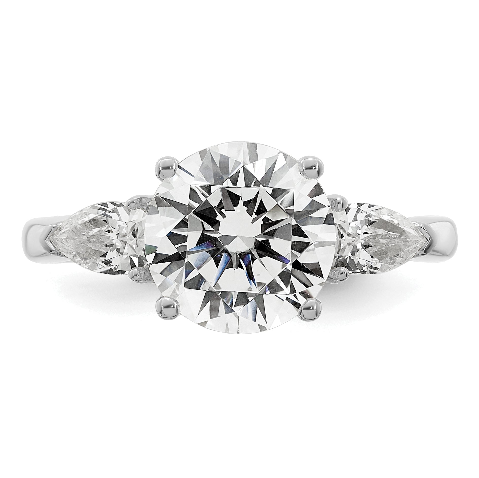 14k White Gold 3 5/8 carat Certified Lab Grown Diamond VS+ F+ Round with Pear Sidestones Complete Three Stone Engagement Ring