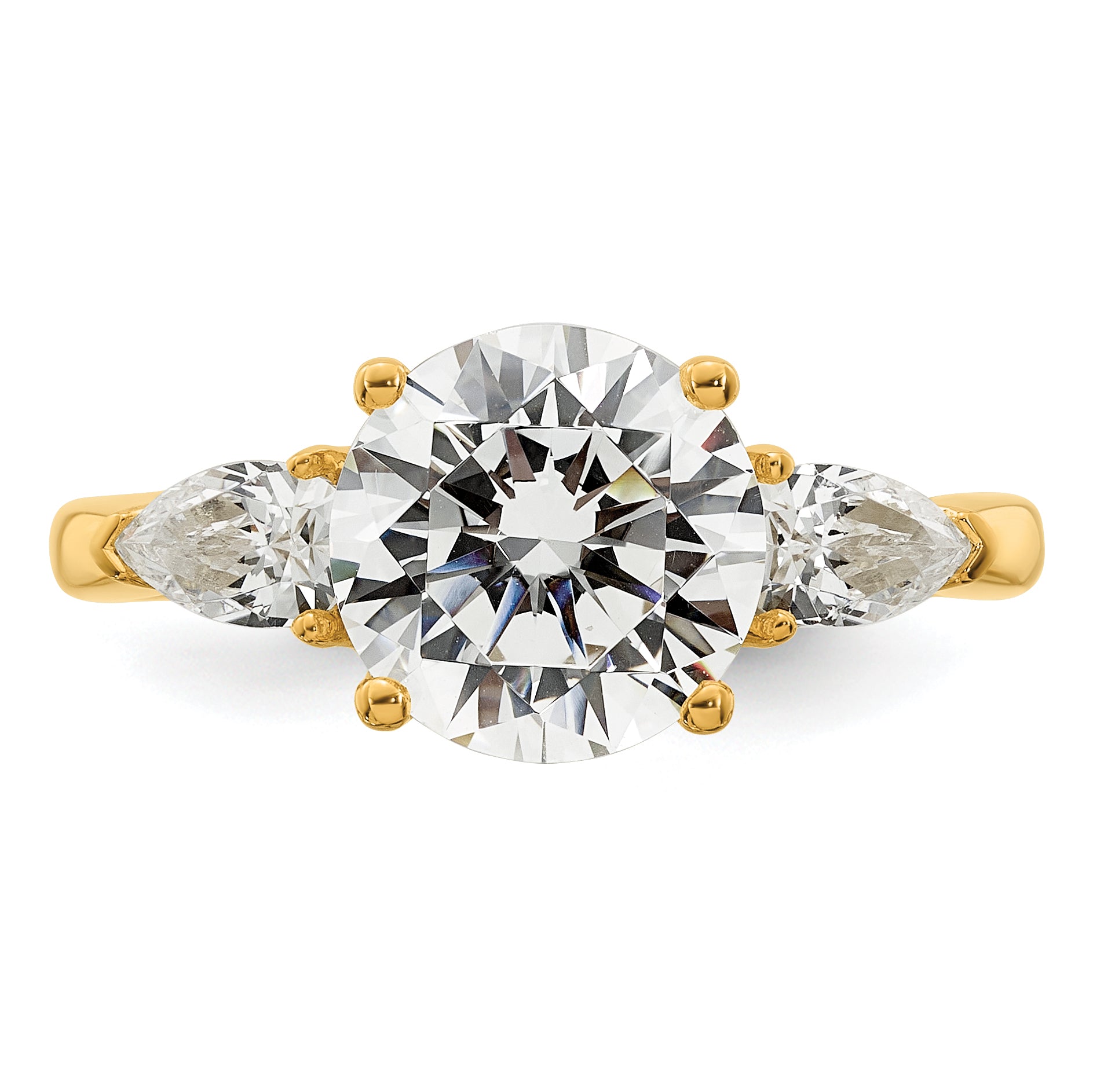 14k 3 5/8 carat Certified Lab Grown Diamond VS+ F+ Round with Pear Sidestones Complete Three Stone Engagement Ring