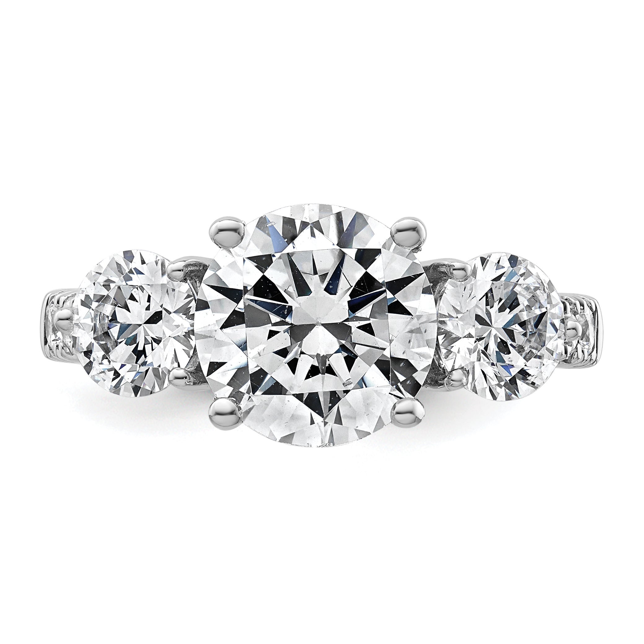 14k White Gold 4 carat Lab Grown Diamond VS+ F+ Round Complete Three Stone Engagement Ring