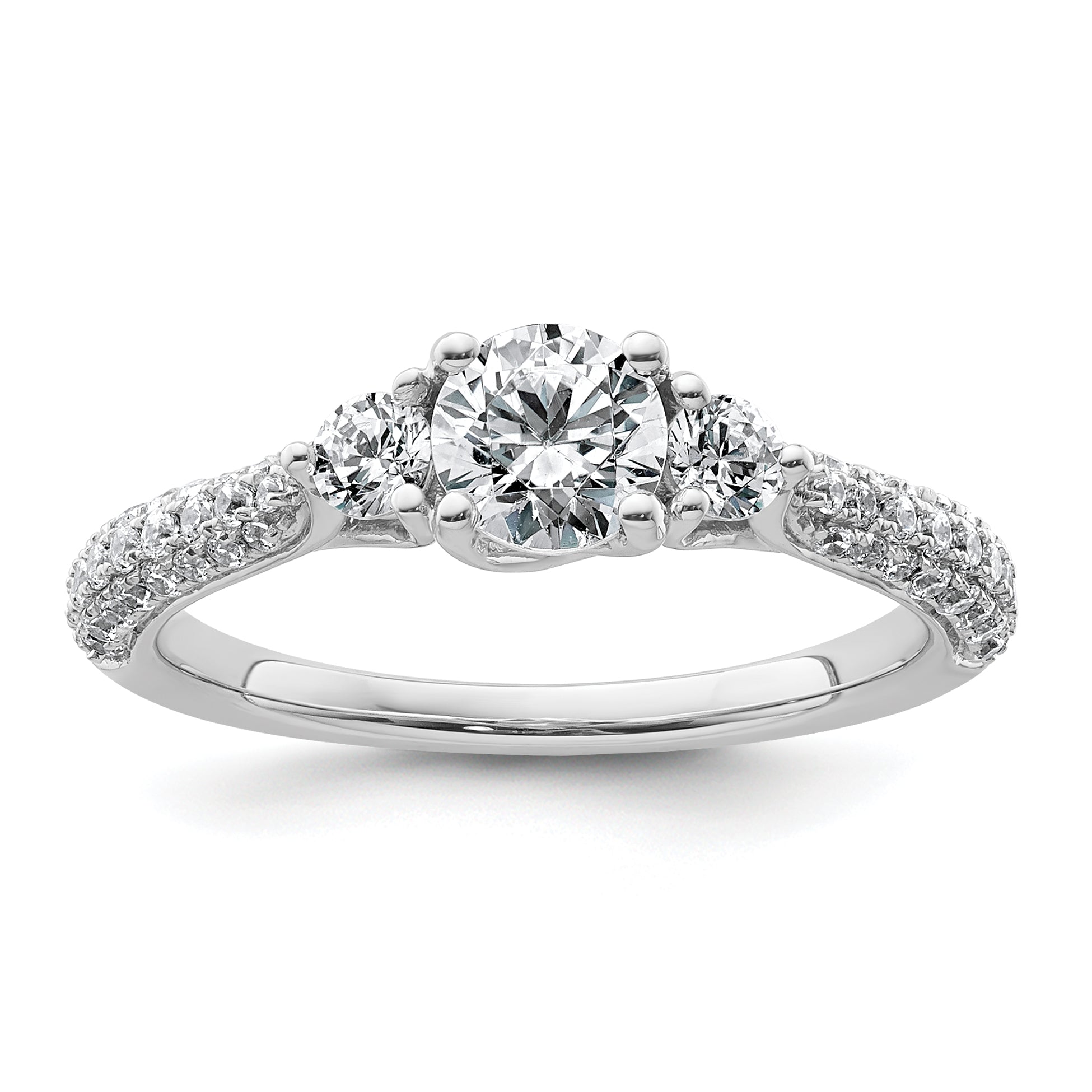 14k White Gold 1 carat Lab Grown Diamond VS+ F+ Complete Round Three Stone Engagement Ring