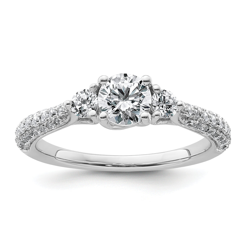 14k White Gold 1 carat Lab Grown Diamond VS+ F+ Complete Round Three Stone Engagement Ring