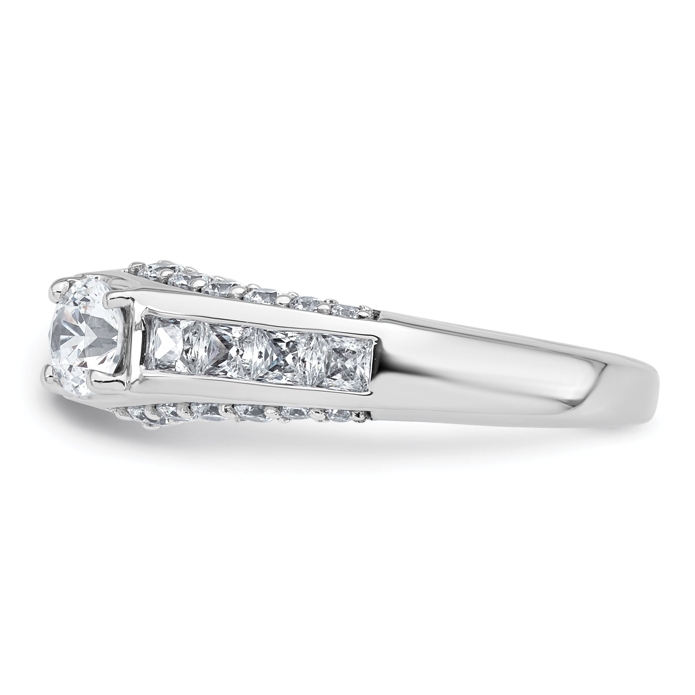 14k White Gold 1 3/4 carat Lab Grown Diamond VS+ F+ 2 carat Center Round Semi Mount Three Stone Engagement Ring