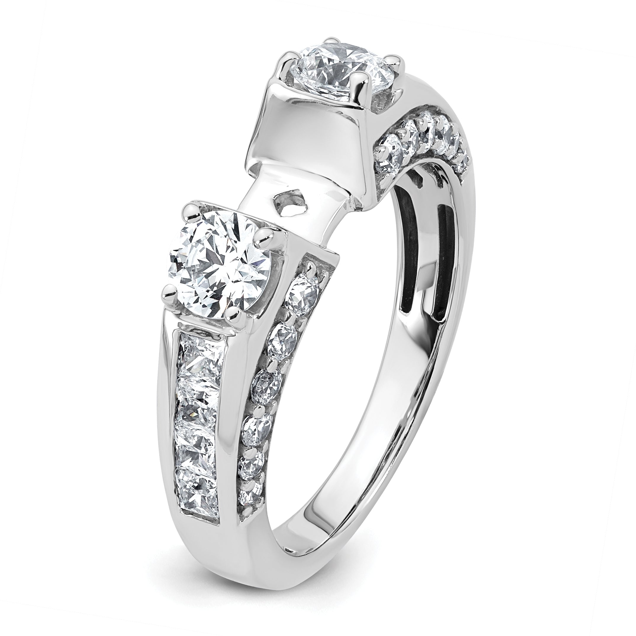 14k White Gold 1 3/4 carat Lab Grown Diamond VS+ F+ 2 carat Center Round Semi Mount Three Stone Engagement Ring