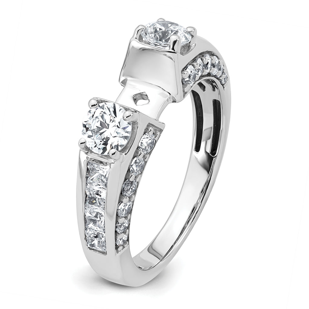 14k White Gold 1 3/4 carat Lab Grown Diamond VS+ F+ 2 carat Center Round Semi Mount Three Stone Engagement Ring