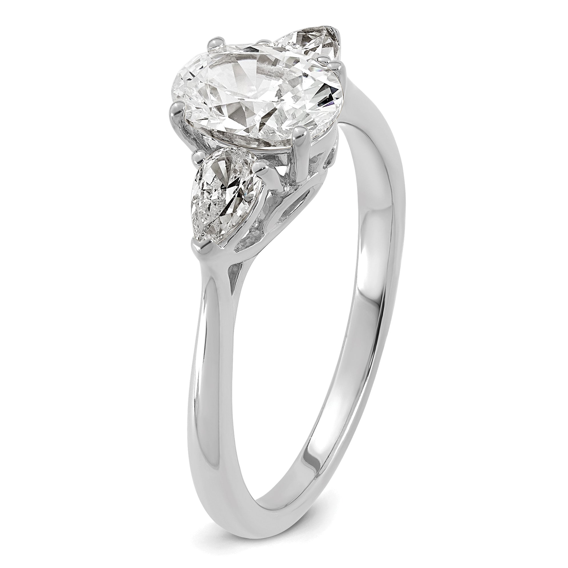 14k White Gold 1 3/8 carat Lab Grown Diamond VS+ F+ Oval and Pear Complete Three Stone Engagement Ring