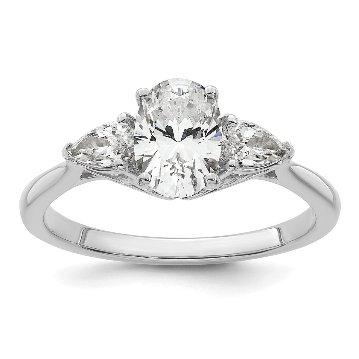 14k White Gold 1 3/8 carat Lab Grown Diamond VS+ F+ Oval and Pear Complete Three Stone Engagement Ring