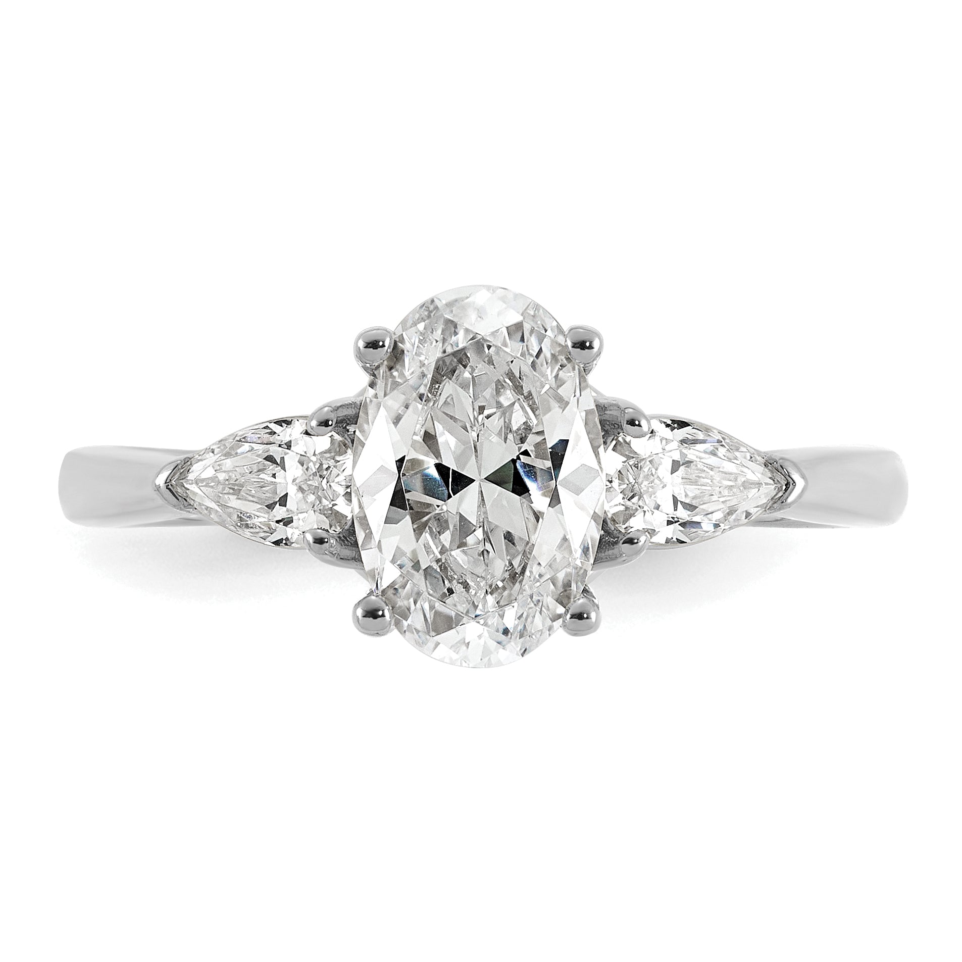 14k White Gold 1 7/8 carat Lab Grown Diamond VS+ F+ Oval and Pear Complete Three Stone Engagement Ring