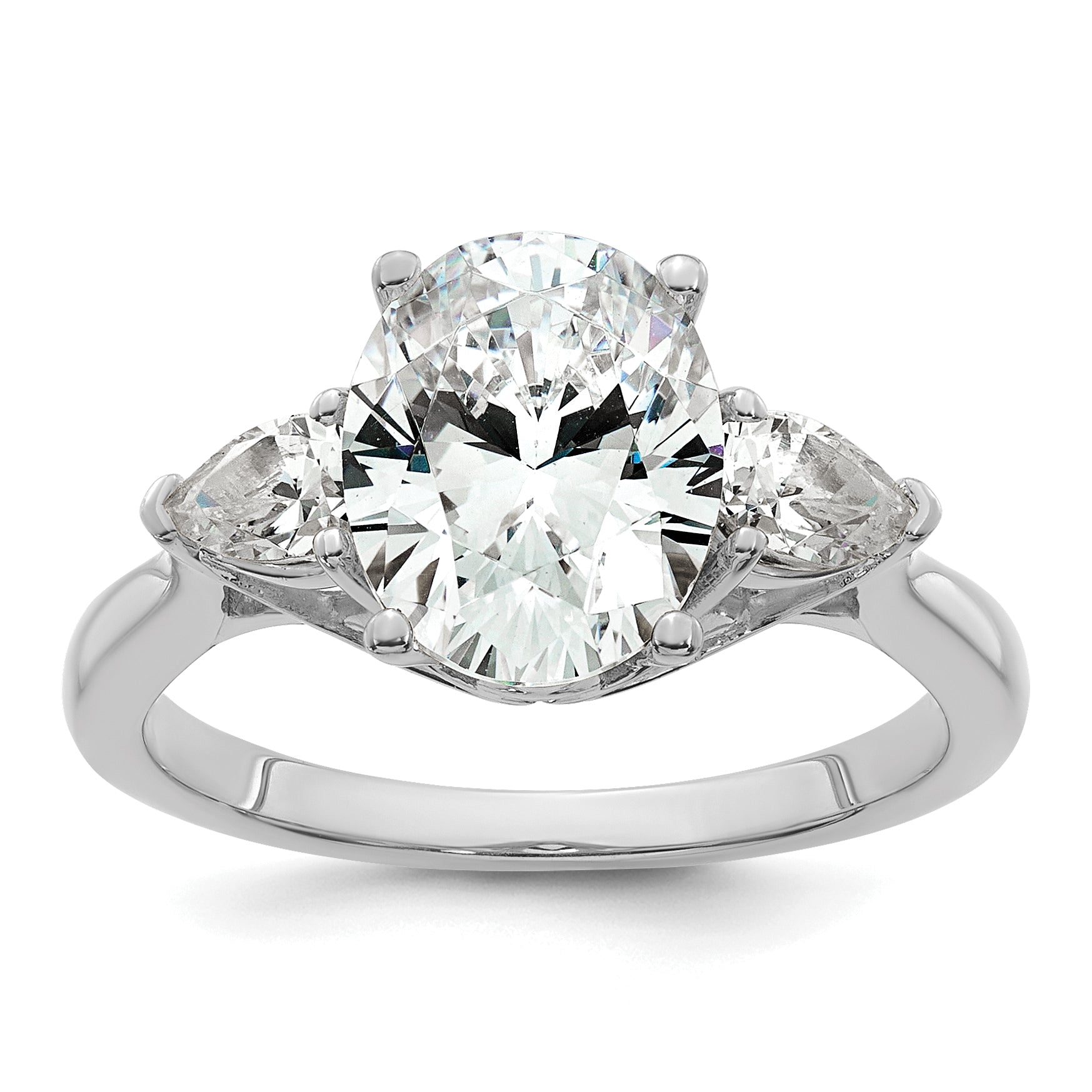 14k White Gold 2 1/2 carat Lab Grown Diamond VS+ F+ Oval and Pear Complete Three Stone Engagement Ring
