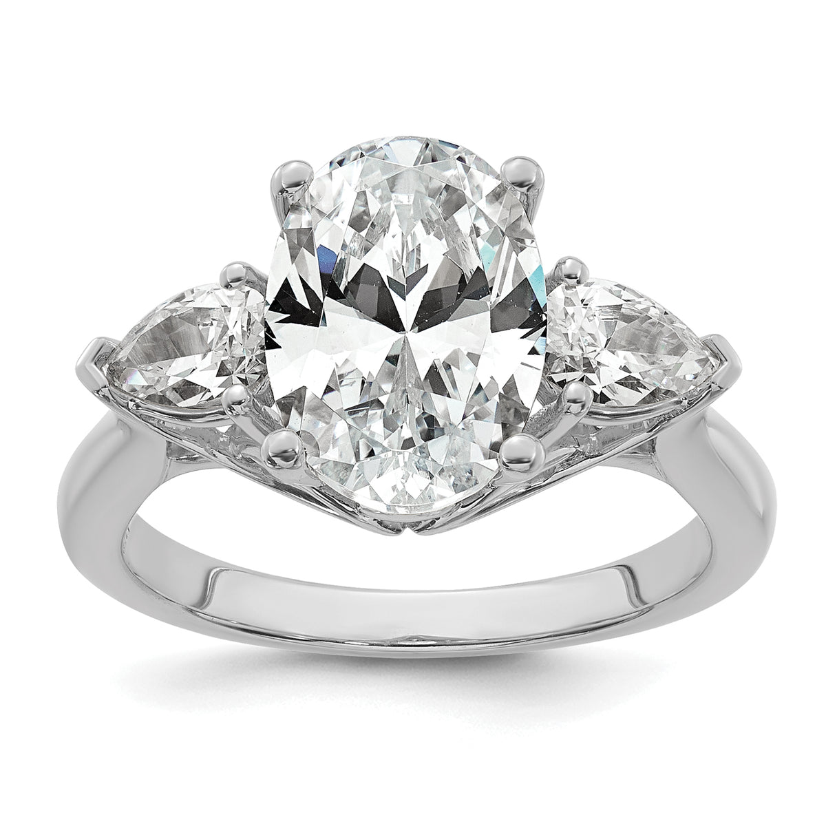 14k White Gold 3 5/8 carat Lab Grown Diamond VS+ F+ Oval and Pear Complete Three Stone Engagement Ring