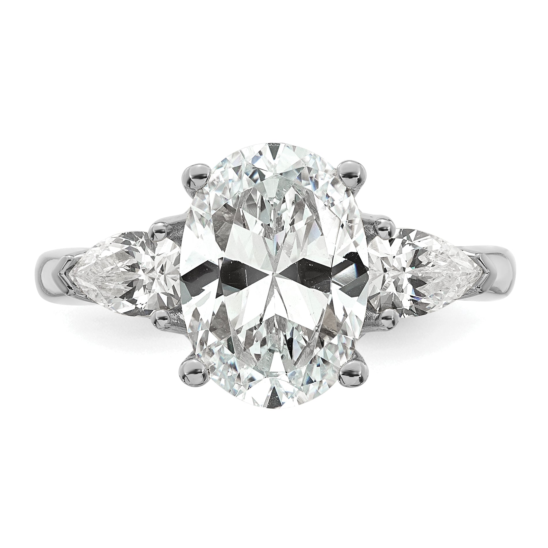 14k White Gold 3 5/8 carat Certified Lab Grown Diamond VS+ F+ Oval and Pear Complete Three Stone Engagement Ring
