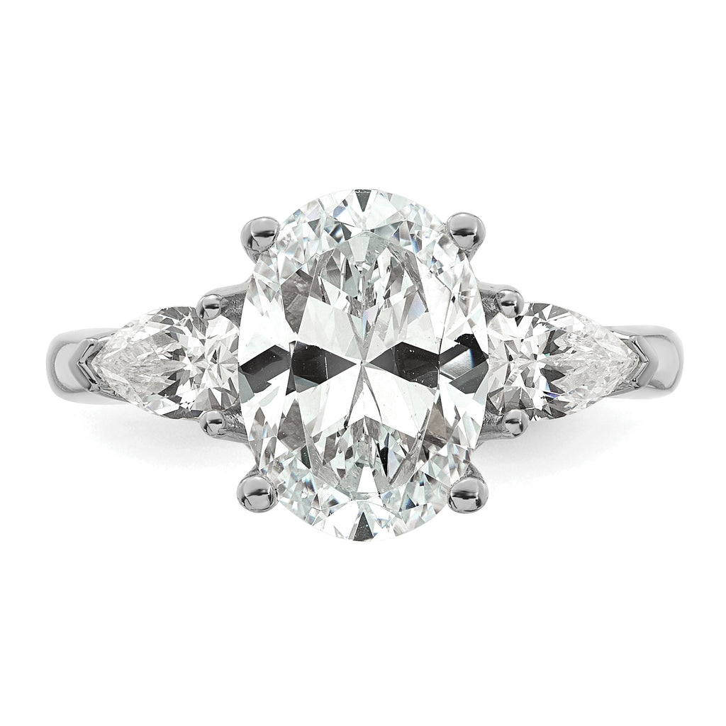 14k White Gold 3 5/8 carat Certified Lab Grown Diamond VS+ F+ Oval and Pear Complete Three Stone Engagement Ring