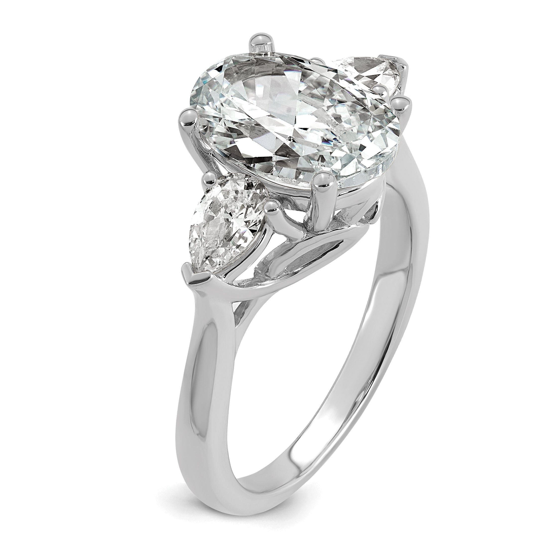 14k White Gold 3 5/8 carat Certified Lab Grown Diamond VS+ F+ Oval and Pear Complete Three Stone Engagement Ring