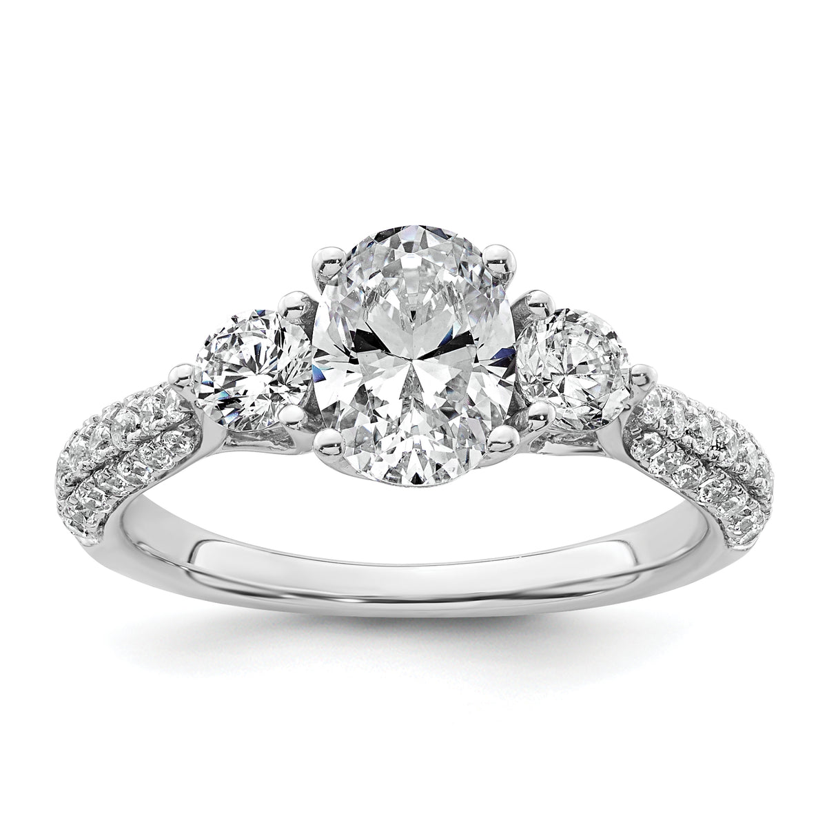 14k White Gold 1 3/4 carat Certified Lab Grown Diamond VS+ F+ Oval and Round Complete Three Stone Engagement Ring