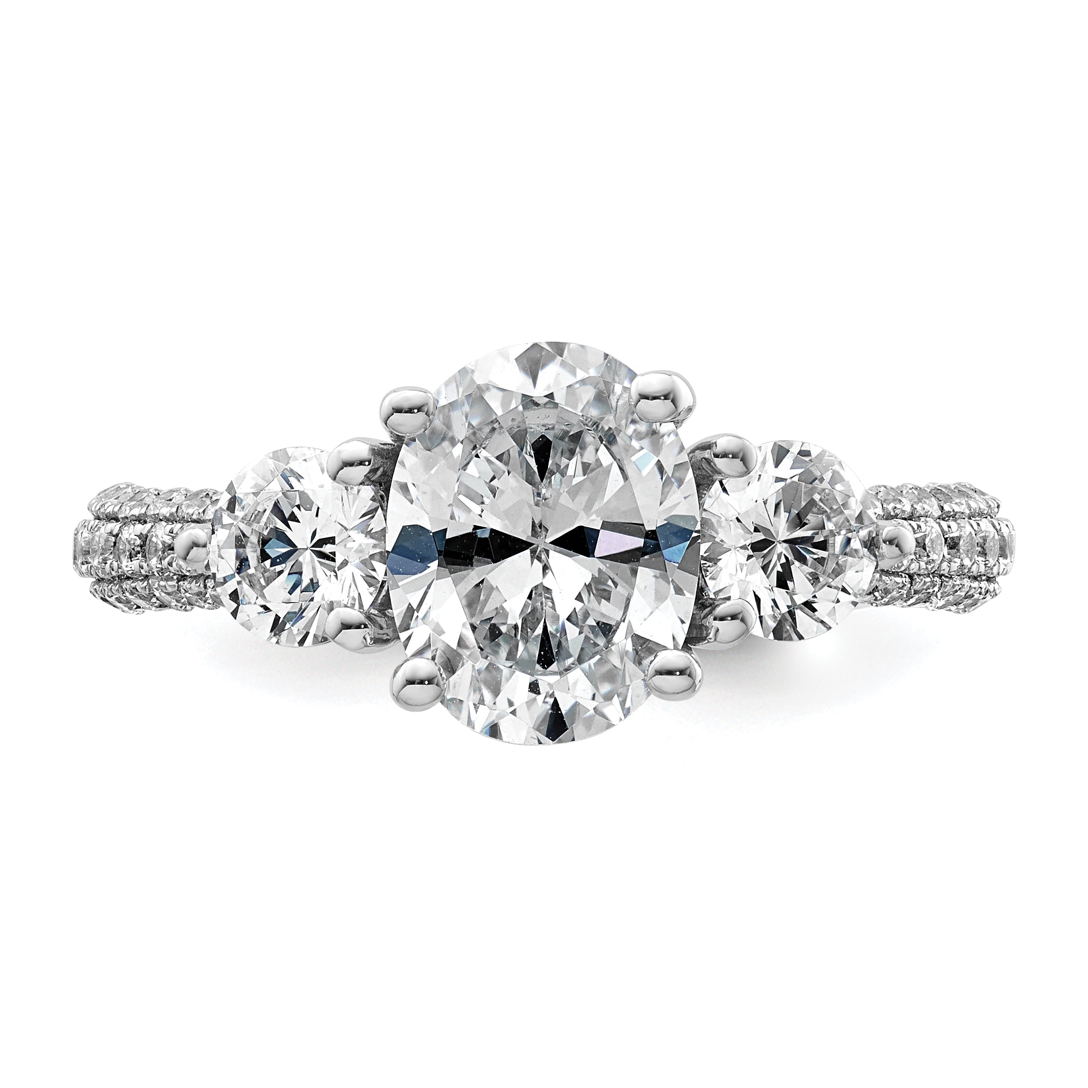 14k White Gold 2 1/2 carat Lab Grown Diamond VS+ F+ Oval and Round Complete Three Stone Engagement Ring