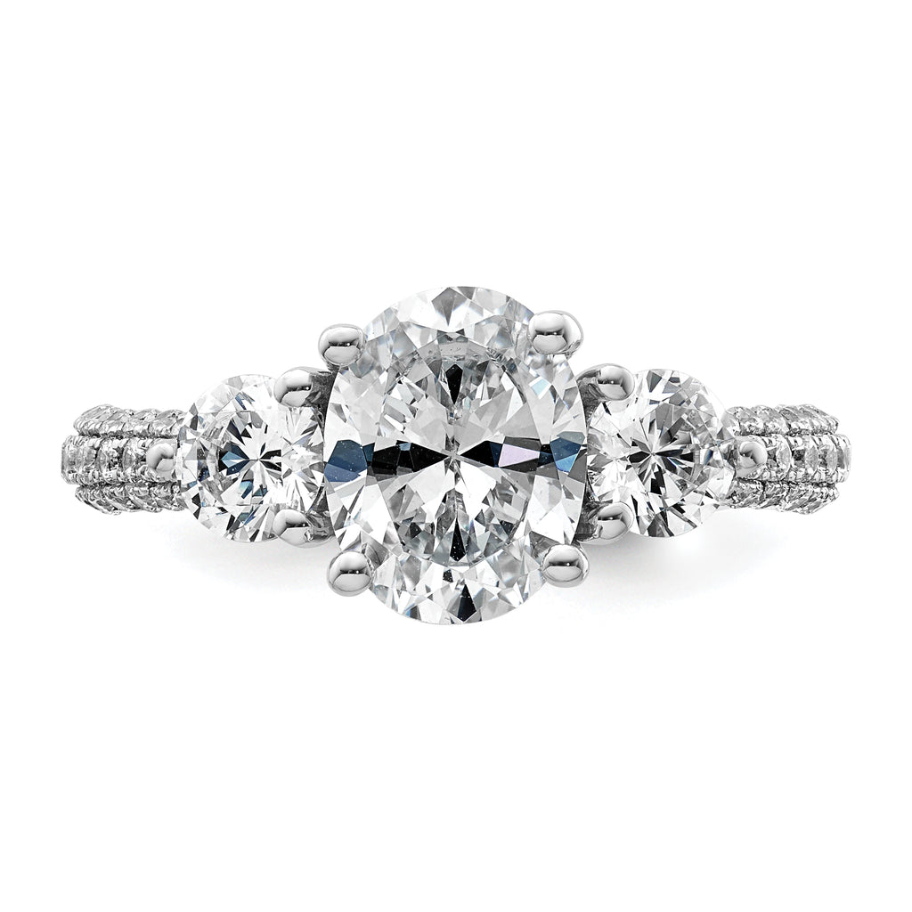 14k White Gold 2 1/2 carat Lab Grown Diamond VS+ F+ Oval and Round Complete Three Stone Engagement Ring