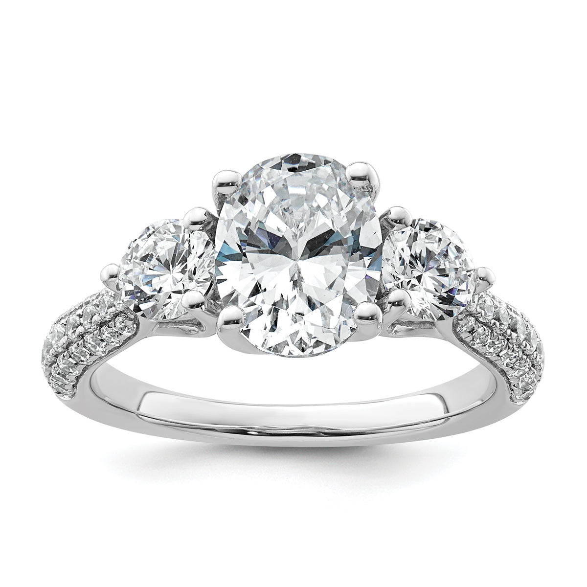 14k White Gold 2 1/2 carat Lab Grown Diamond VS+ F+ Oval and Round Complete Three Stone Engagement Ring