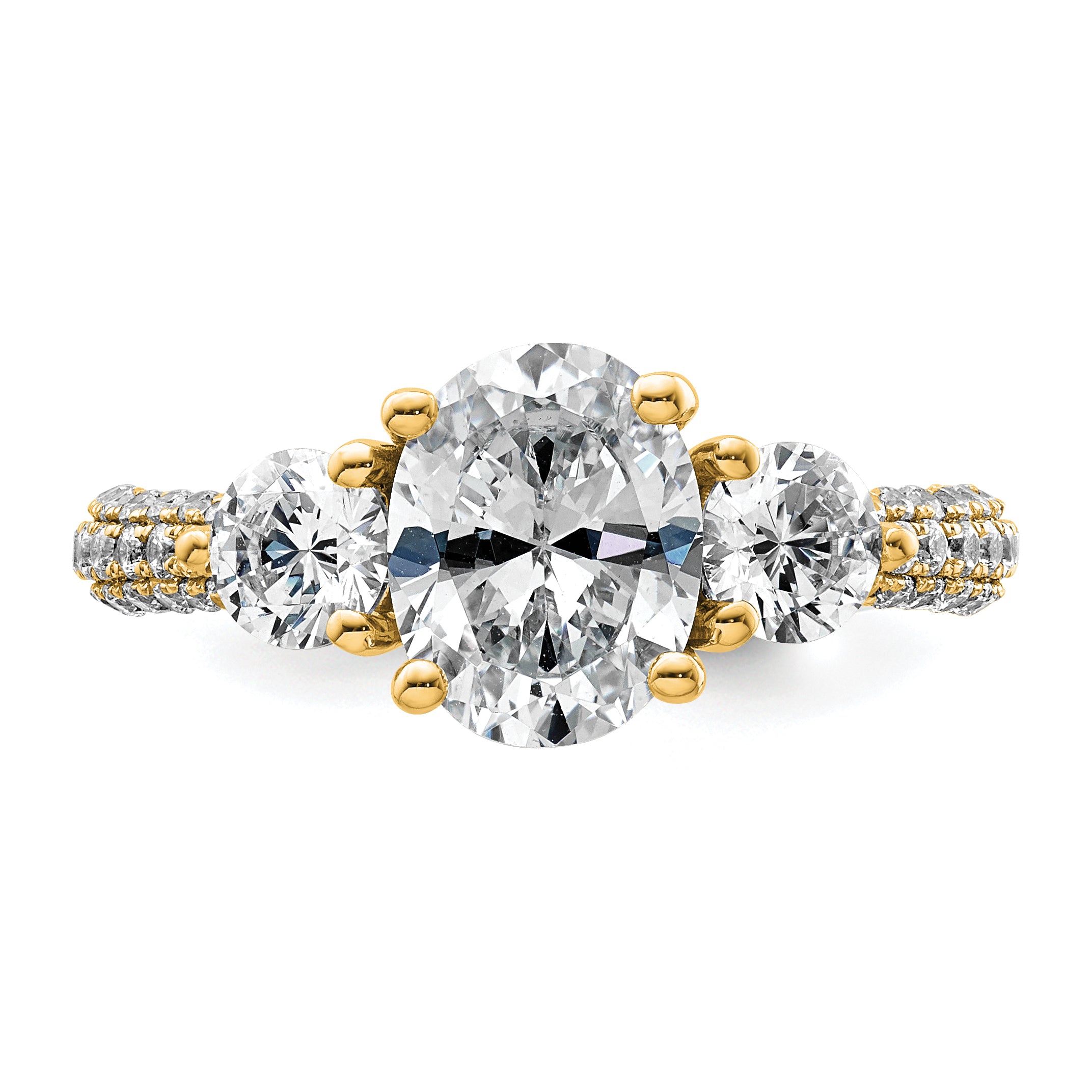 14k 2 1/2 carat Lab Grown Diamond VS+ F+ Oval and Round Complete Three Stone Engagement Ring