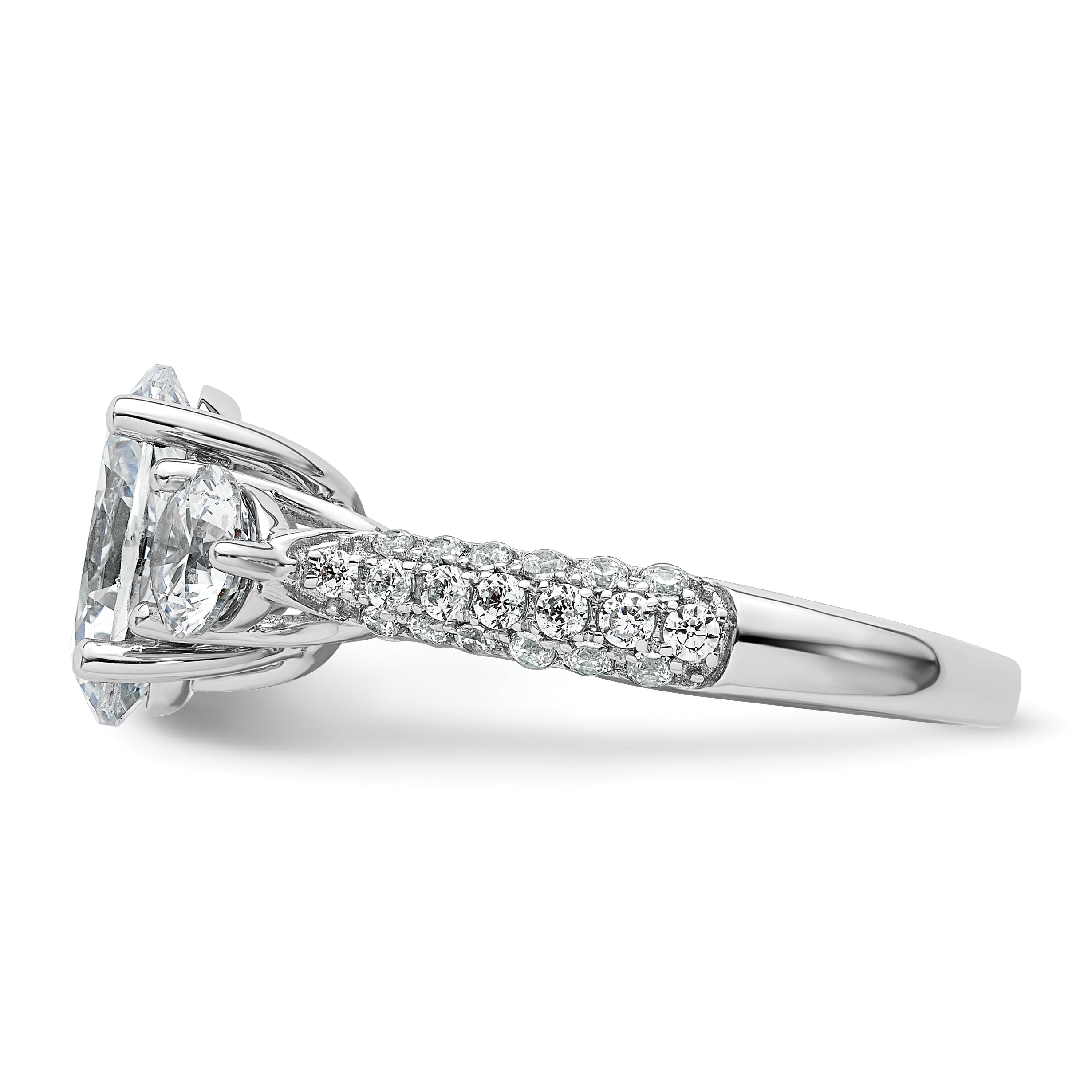 14k White Gold 3 1/5 carat Lab Grown Diamond VS+ F+ Oval and Round Complete Three Stone Engagement Ring