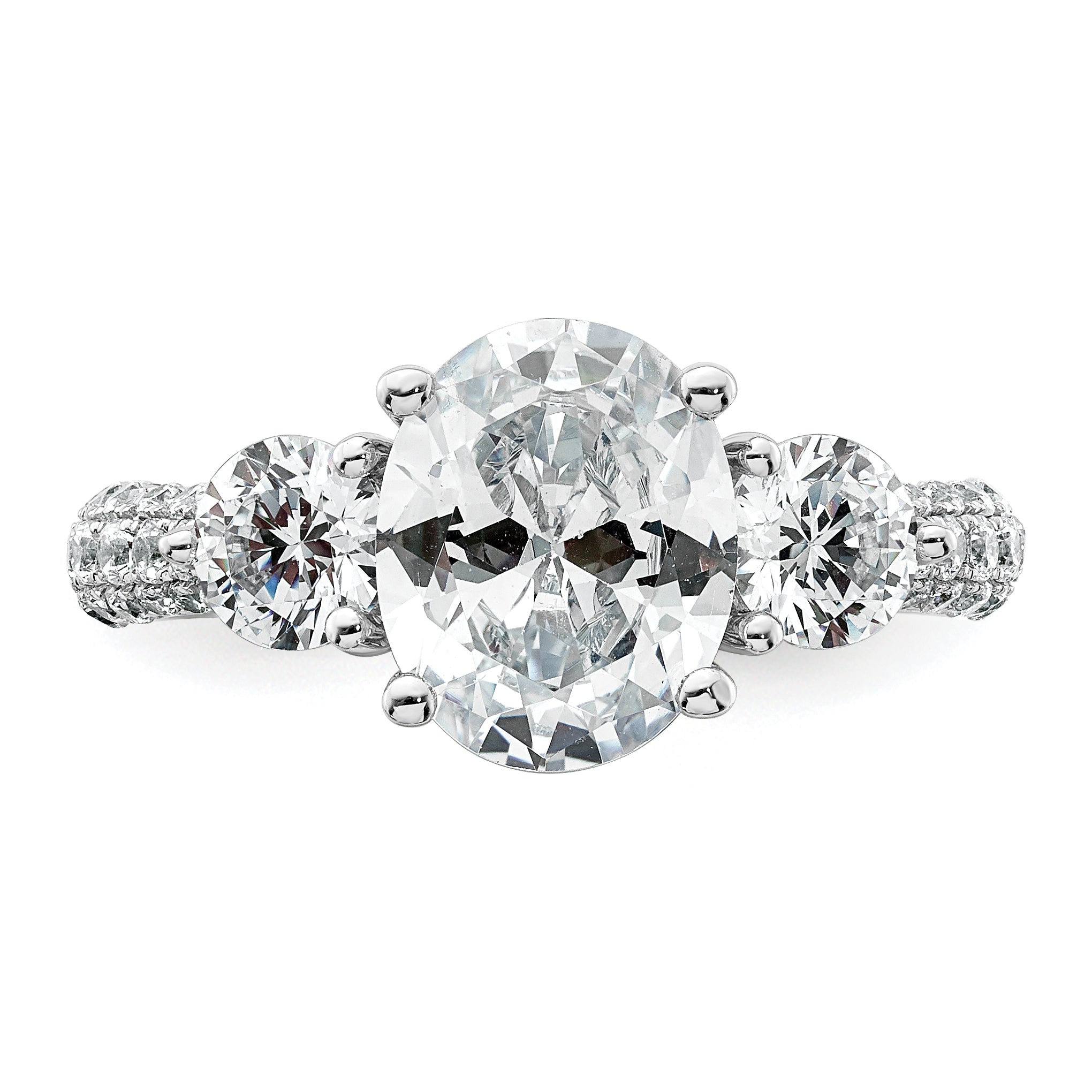 14k White Gold 3 1/5 carat Lab Grown Diamond VS+ F+ Oval and Round Complete Three Stone Engagement Ring