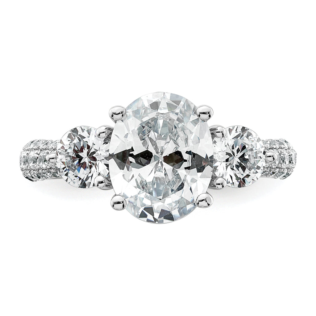 14k White Gold 3 1/5 carat Lab Grown Diamond VS+ F+ Oval and Round Complete Three Stone Engagement Ring