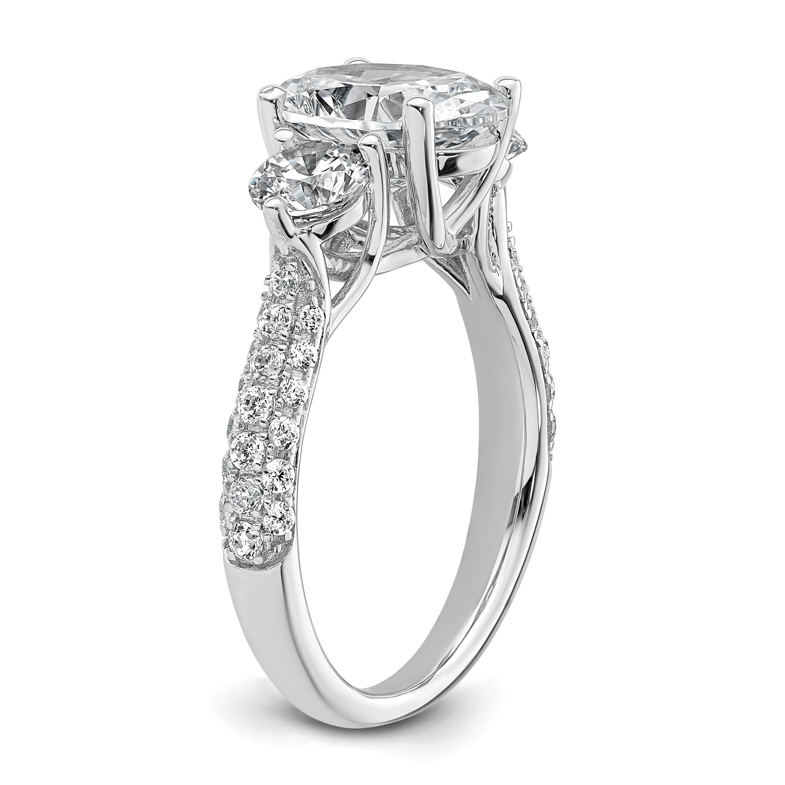 14k White Gold 3 1/5 carat Lab Grown Diamond VS+ F+ Oval and Round Complete Three Stone Engagement Ring