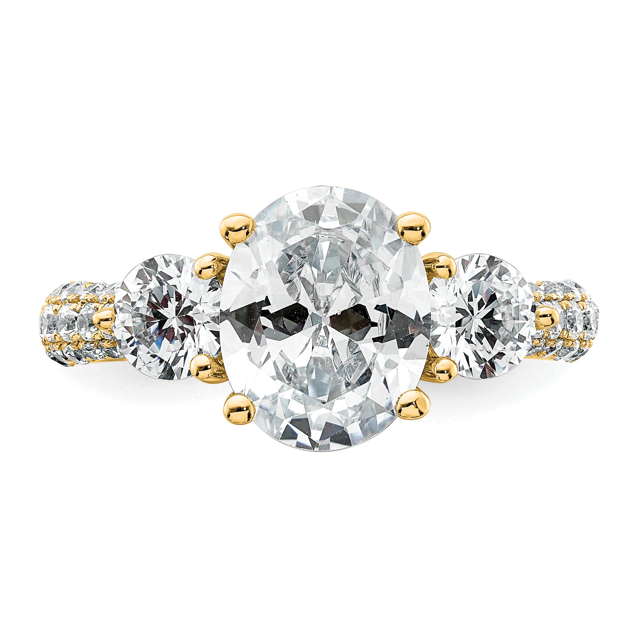 14k 3 1/5 carat Lab Grown Diamond VS+ F+ Oval and Round Complete Three Stone Engagement Ring