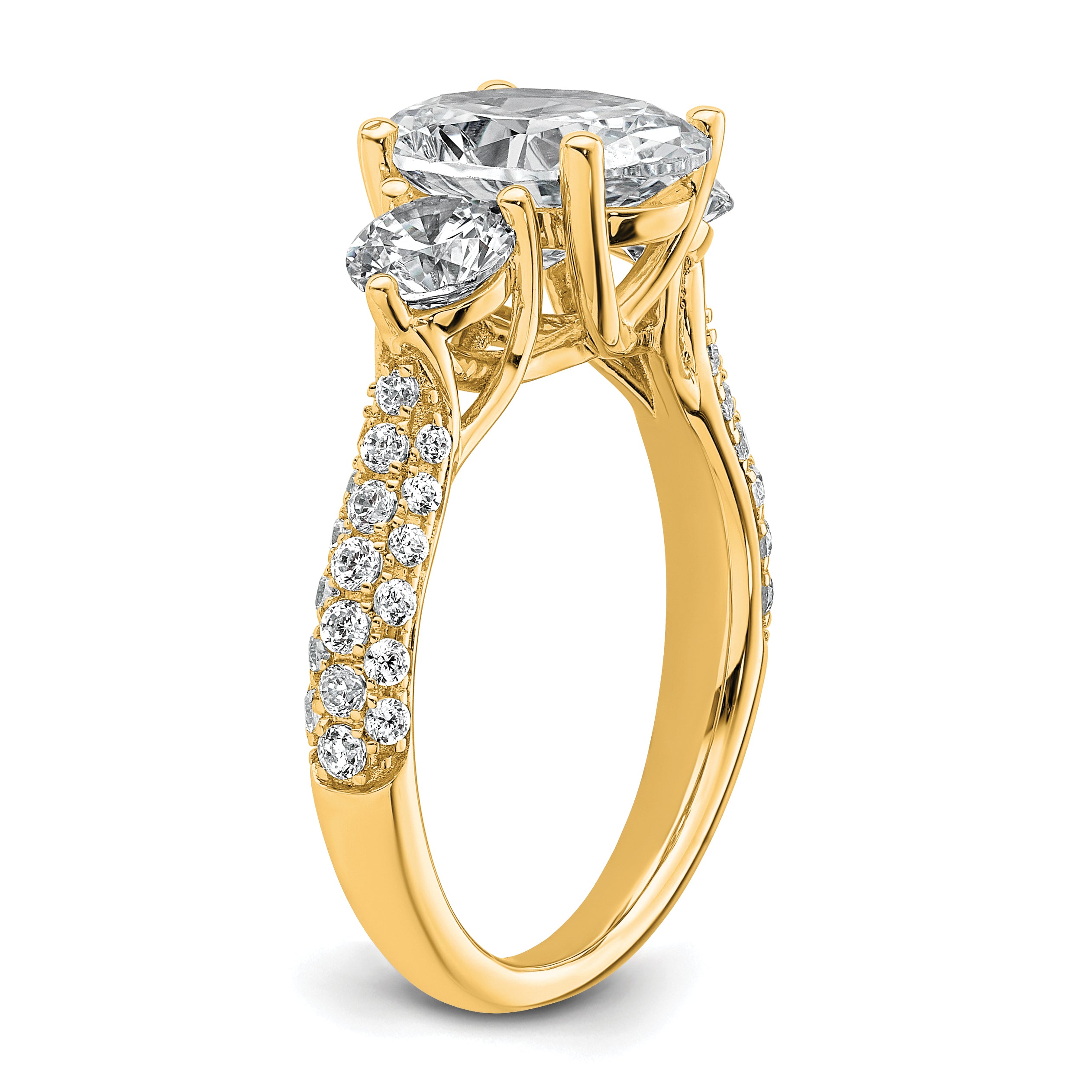 14k 3 1/5 carat Lab Grown Diamond VS+ F+ Oval and Round Complete Three Stone Engagement Ring