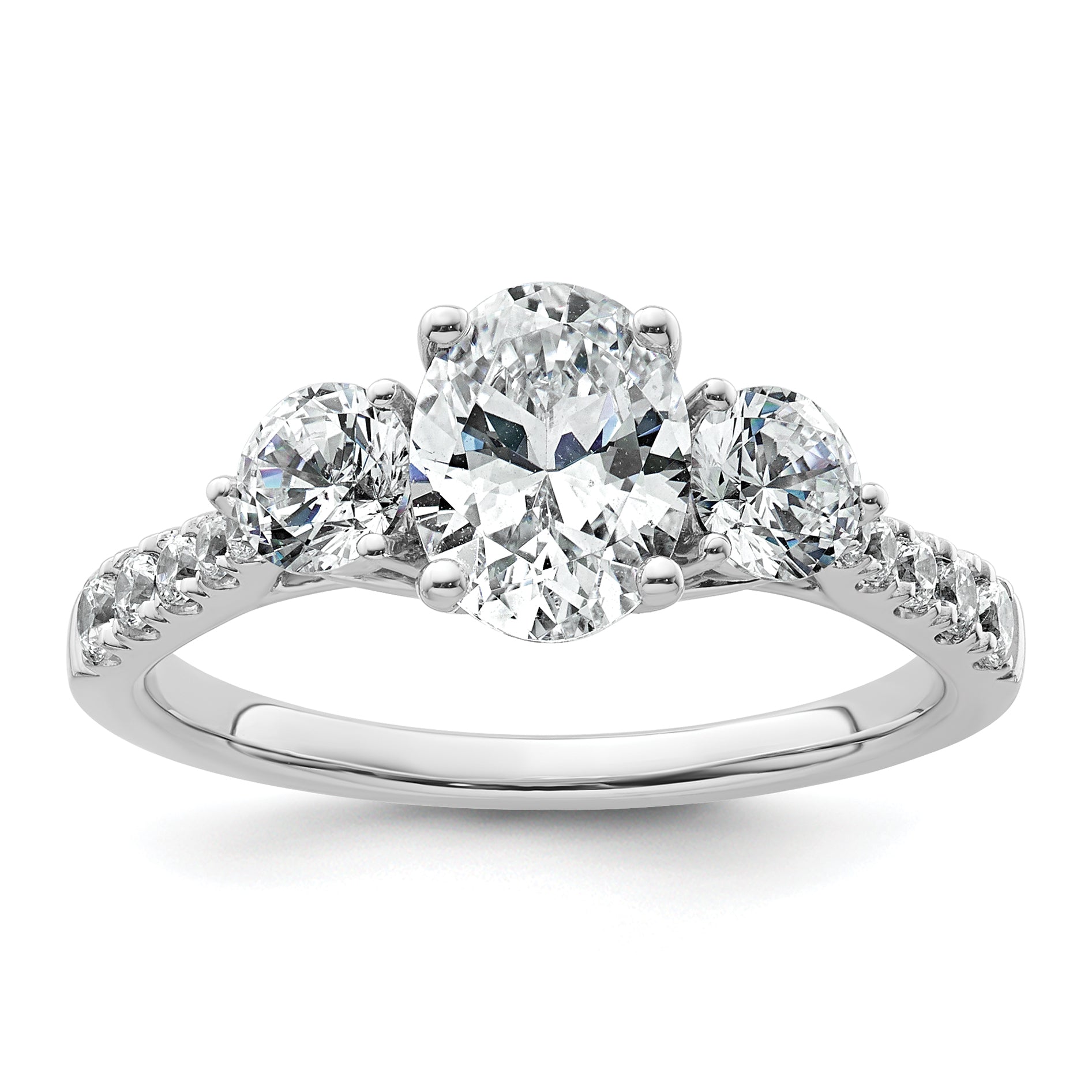 14k White Gold 1 3/4 carat Lab Grown Diamond VS+ F+ Oval and Round Complete Three Stone Engagement Ring