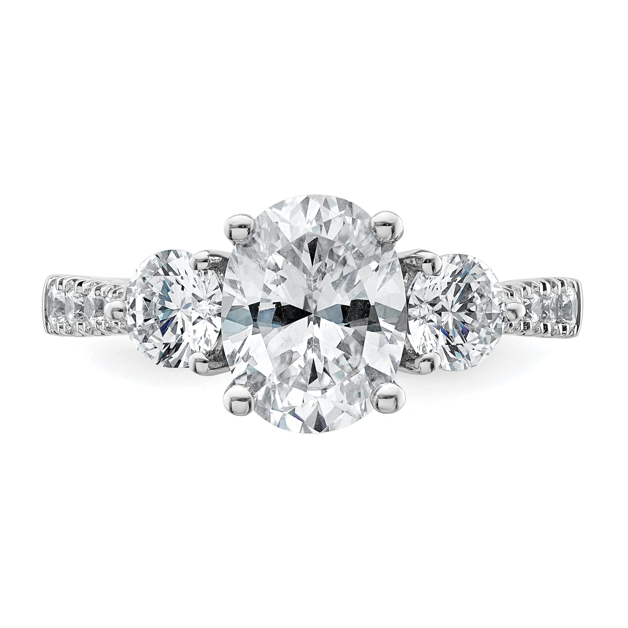14k White Gold 2 1/2 carat Lab Grown Diamond VS+ F+ Oval and Round Complete Three Stone Engagement Ring