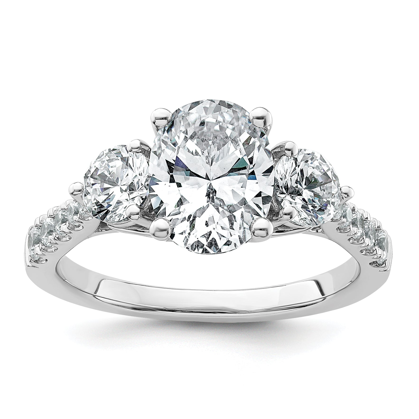 14k White Gold 2 1/2 carat Lab Grown Diamond VS+ F+ Oval and Round Complete Three Stone Engagement Ring