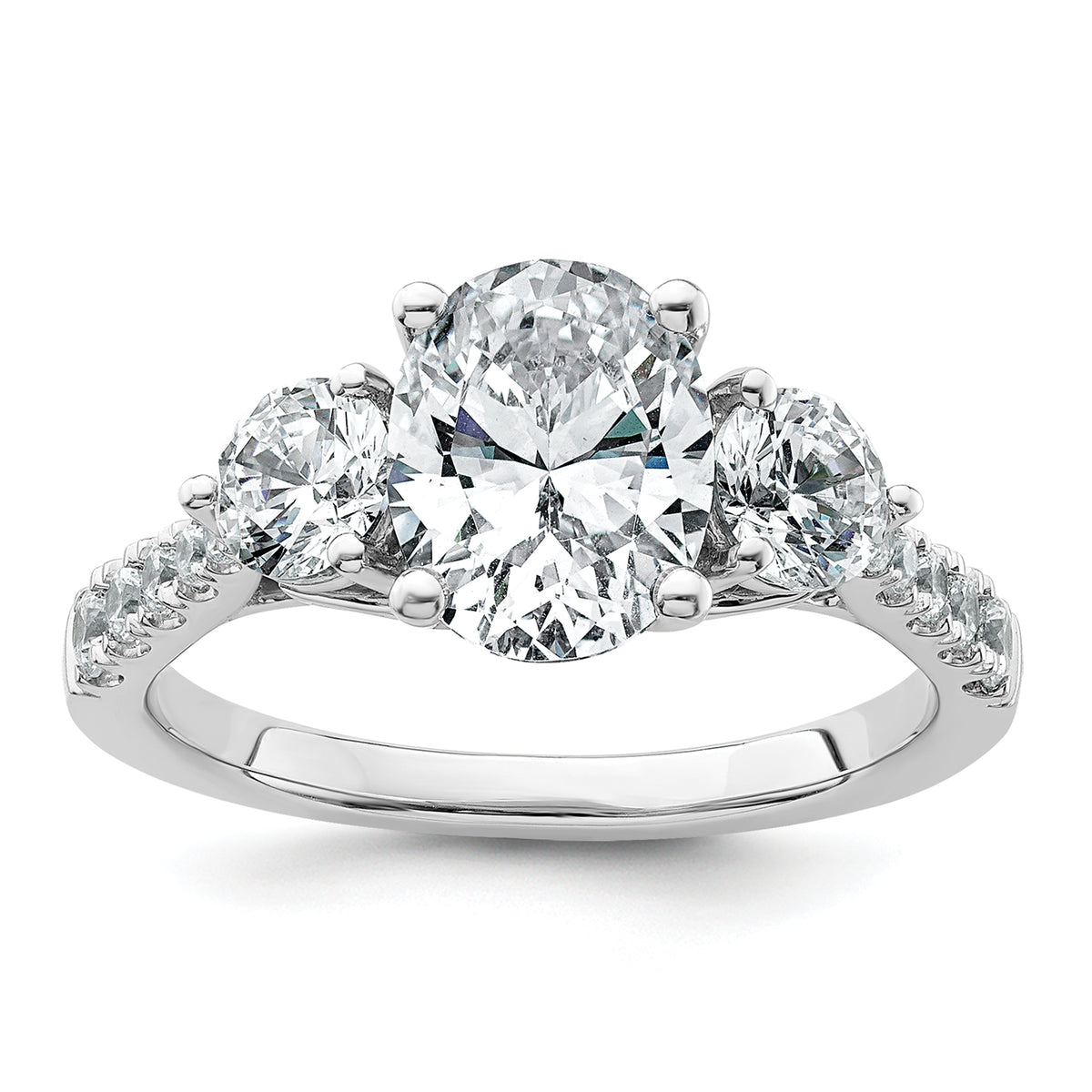 14k White Gold 2 1/2 carat Lab Grown Diamond VS+ F+ Oval and Round Complete Three Stone Engagement Ring