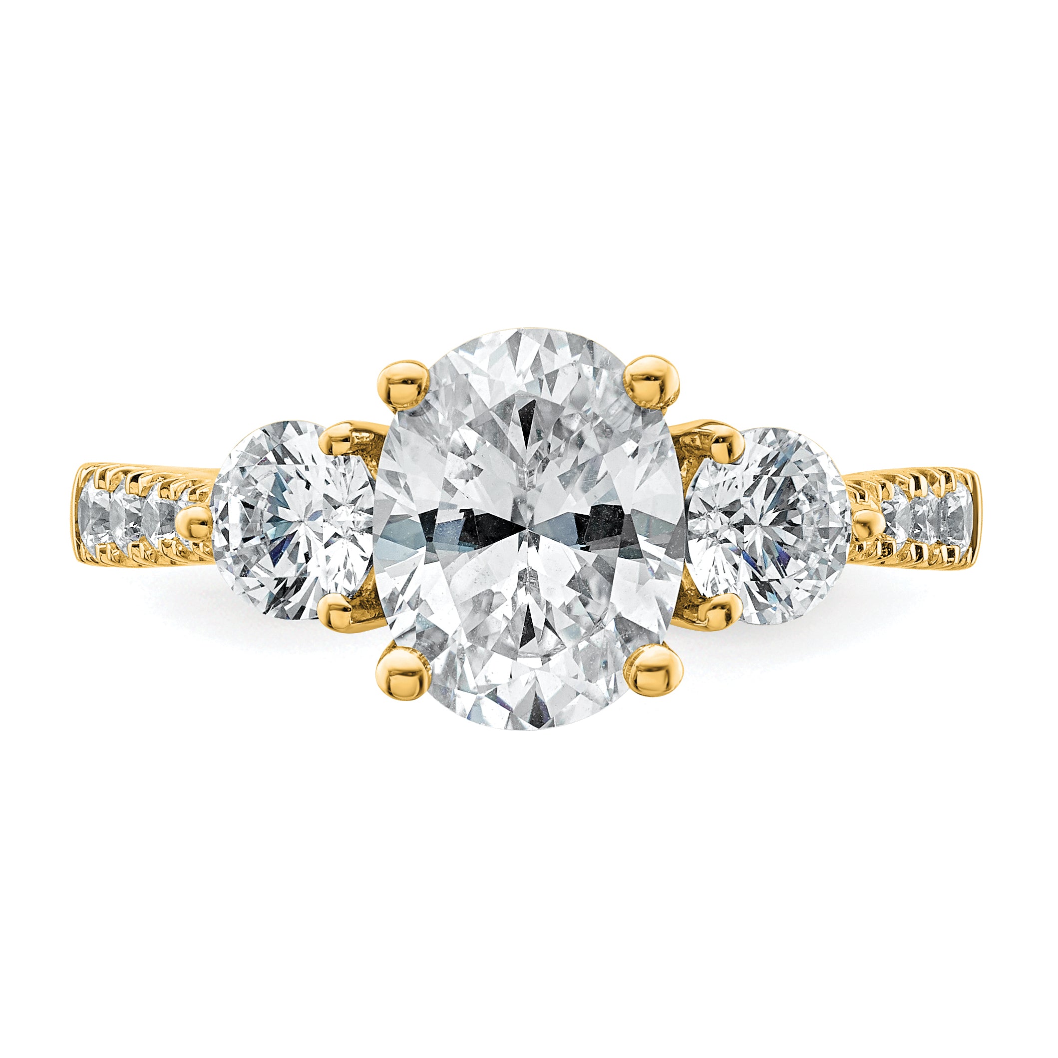 14k 2 1/2 carat Lab Grown Diamond VS+ F+ Oval and Round Complete Three Stone Engagement Ring