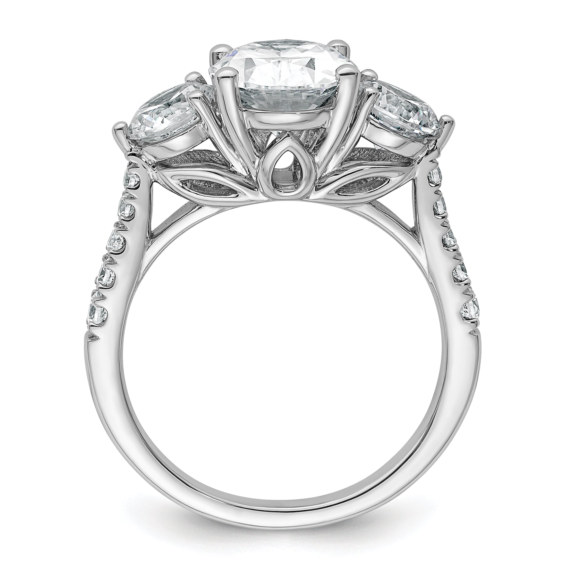14k White Gold 3 1/4 carat Lab Grown Diamond VS+ F+ Oval and Round Complete Three Stone Engagement Ring