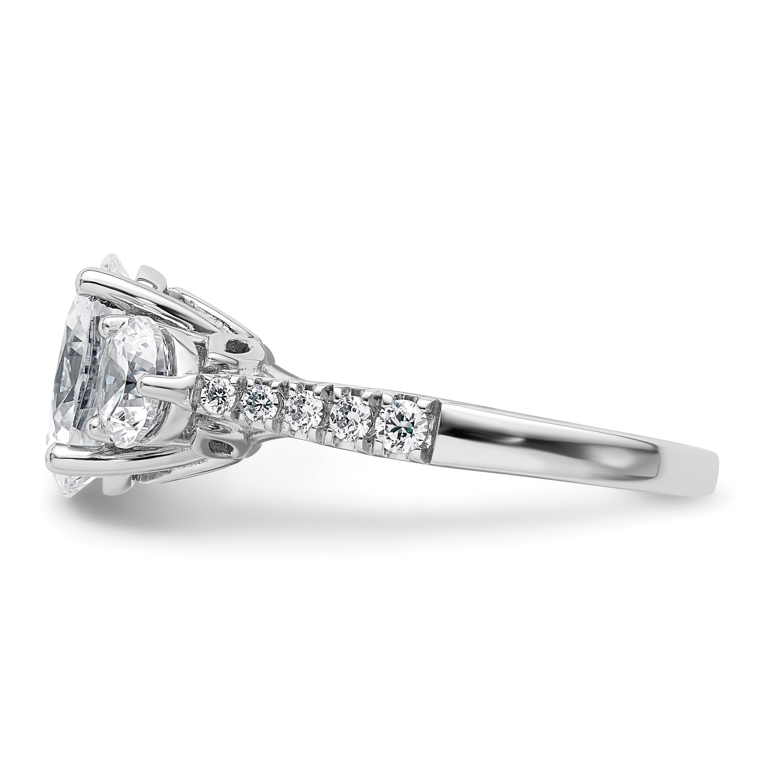 14k White Gold 3 1/4 carat Lab Grown Diamond VS+ F+ Oval and Round Complete Three Stone Engagement Ring