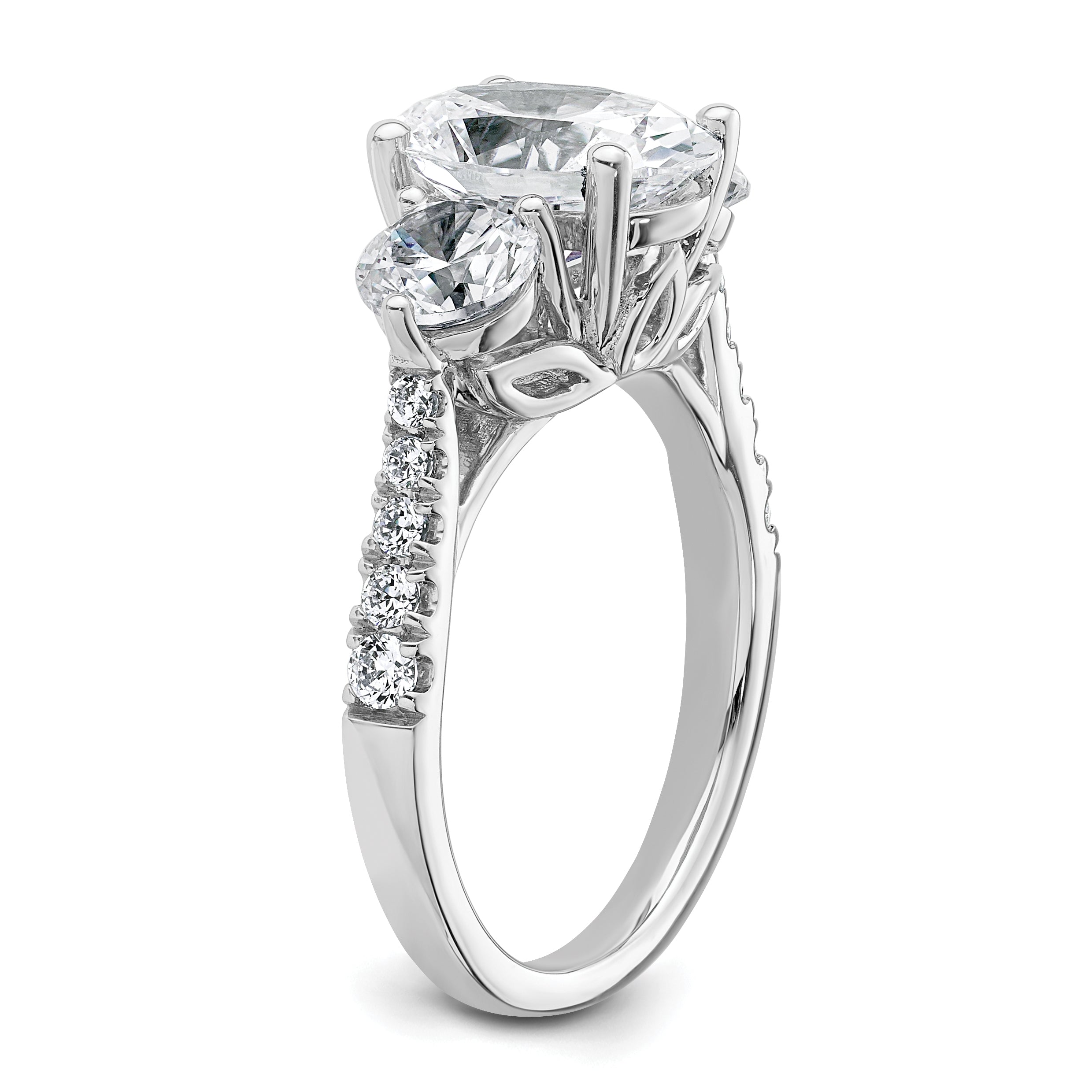 14k White Gold 3 1/4 carat Lab Grown Diamond VS+ F+ Oval and Round Complete Three Stone Engagement Ring