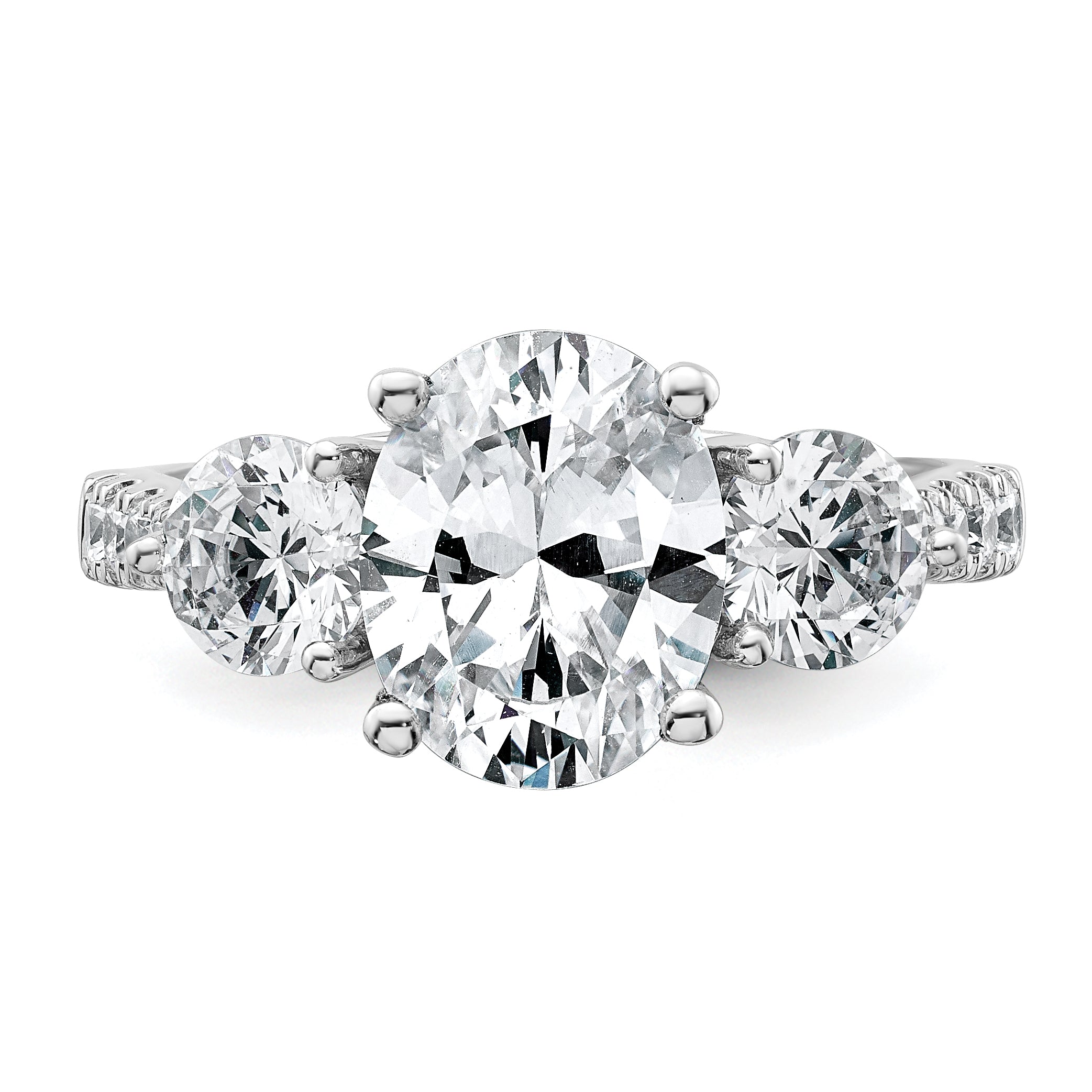 14k White Gold 3 1/4 carat Certified Lab Grown Diamond VS+ F+ Oval and Round Complete Three Stone Engagement Ring