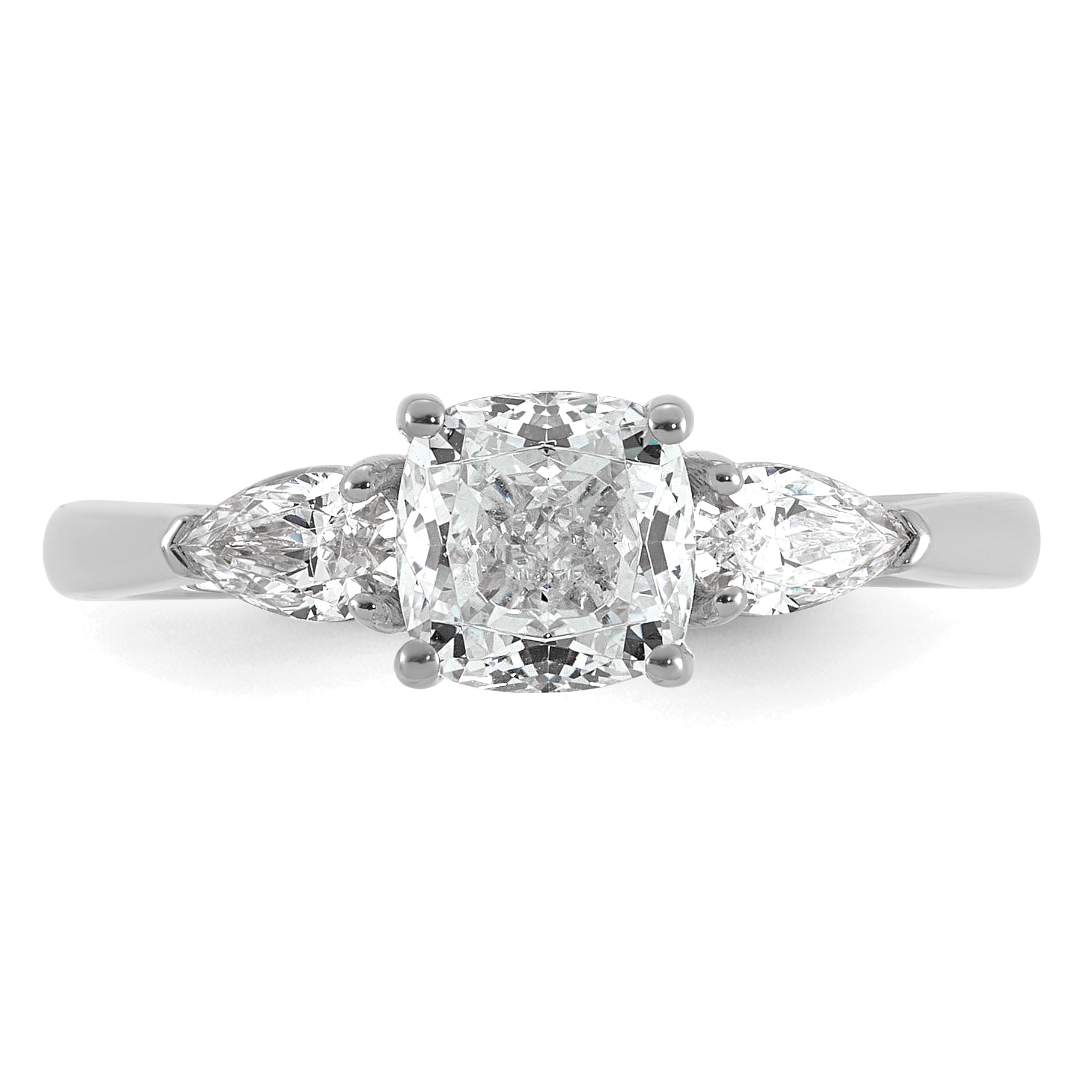 14k White Gold 1 3/8 carat Lab Grown Diamond VS+ F+ Complete Cushion and Pear Three Stone Engagement Ring