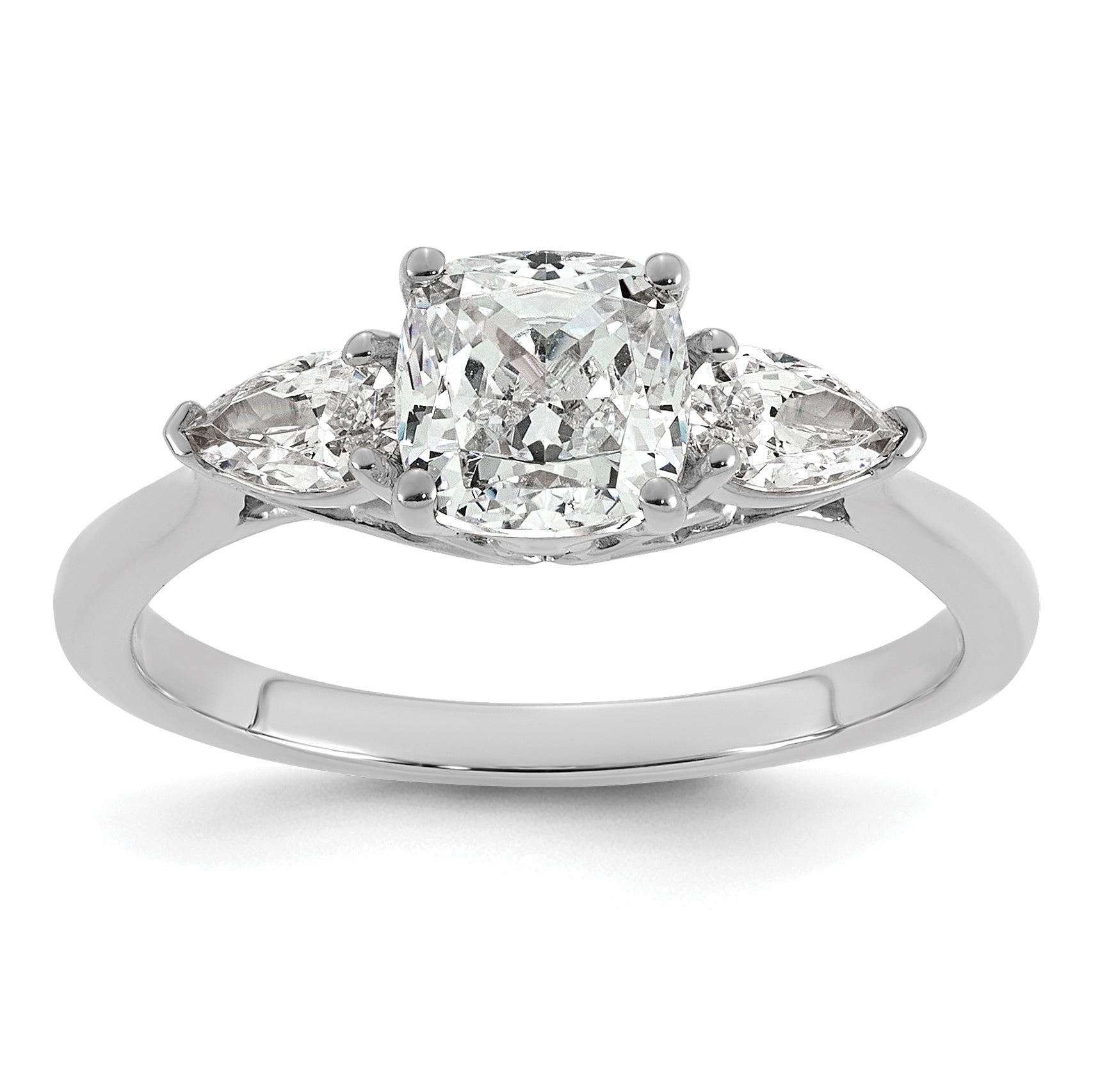 14k White Gold 1 3/8 carat Lab Grown Diamond VS+ F+ Complete Cushion and Pear Three Stone Engagement Ring