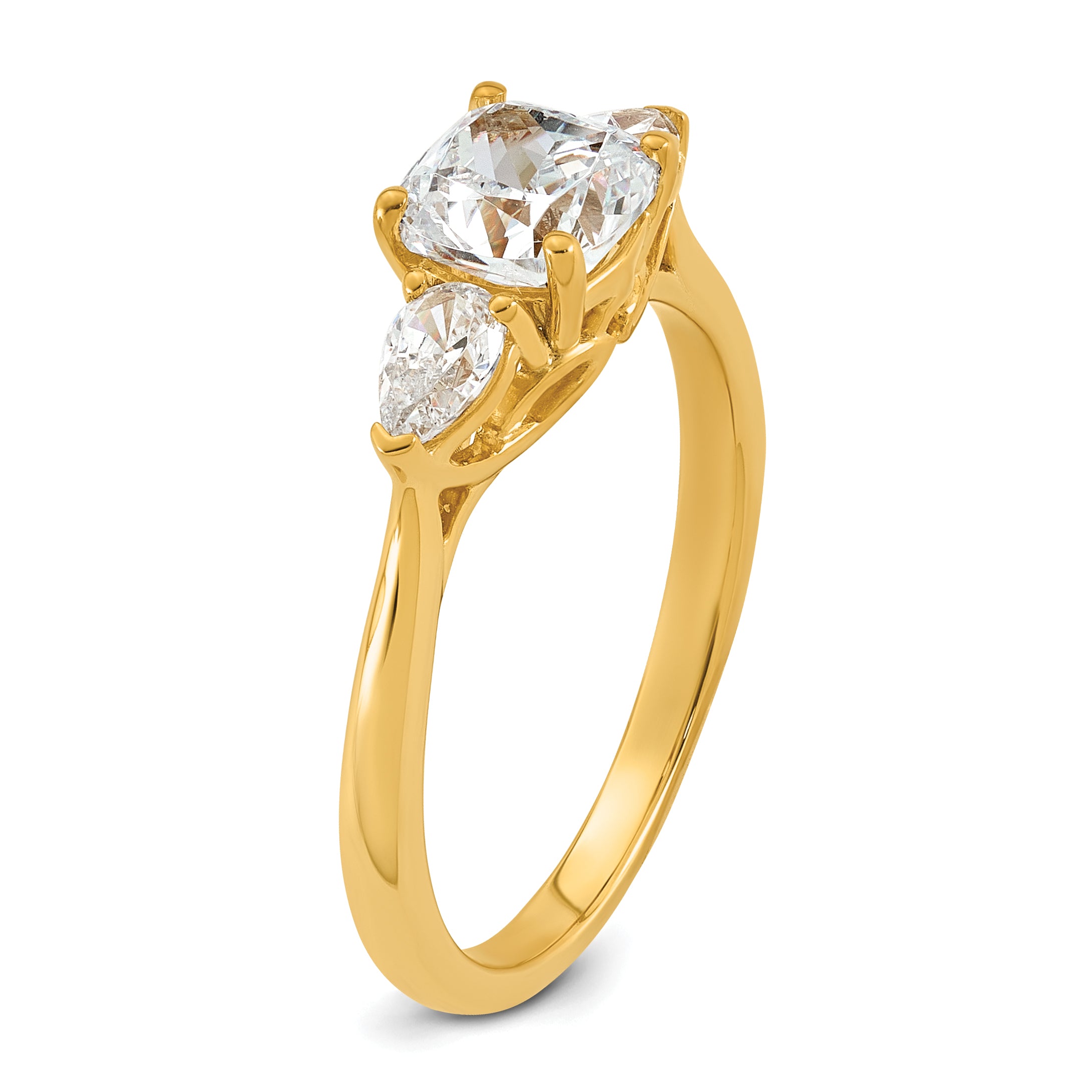 14k 1 3/8 carat Lab Grown Diamond VS+ F+ Complete Cushion and Pear Three Stone Engagement Ring