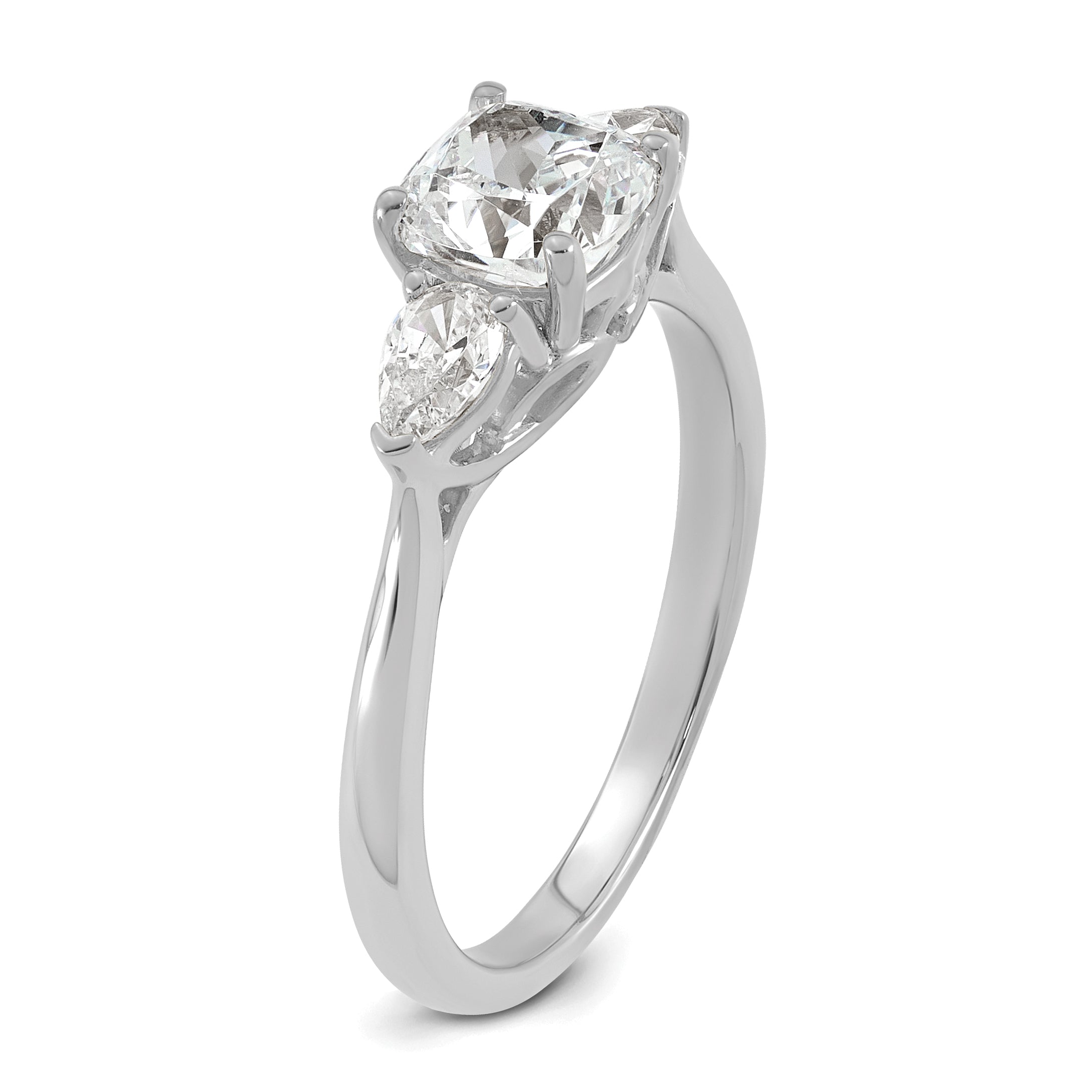 14k White Gold 1 3/8 carat Certified Lab Grown Diamond VS+ F+ Complete Cushion and Pear Three Stone Engagement Ring