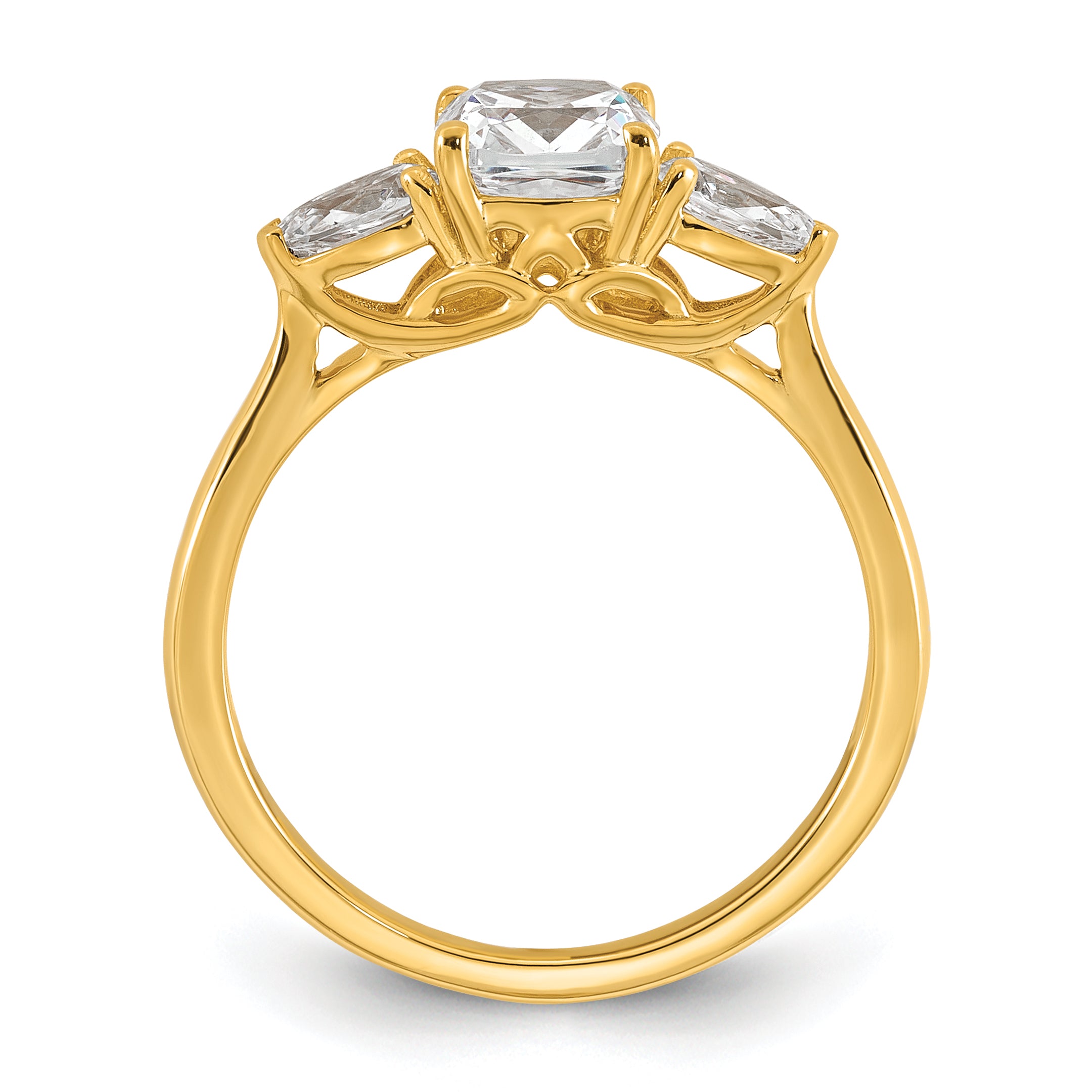 14k 1 3/8 carat Certified Lab Grown Diamond VS+ F+ Complete Cushion and Pear Three Stone Engagement Ring