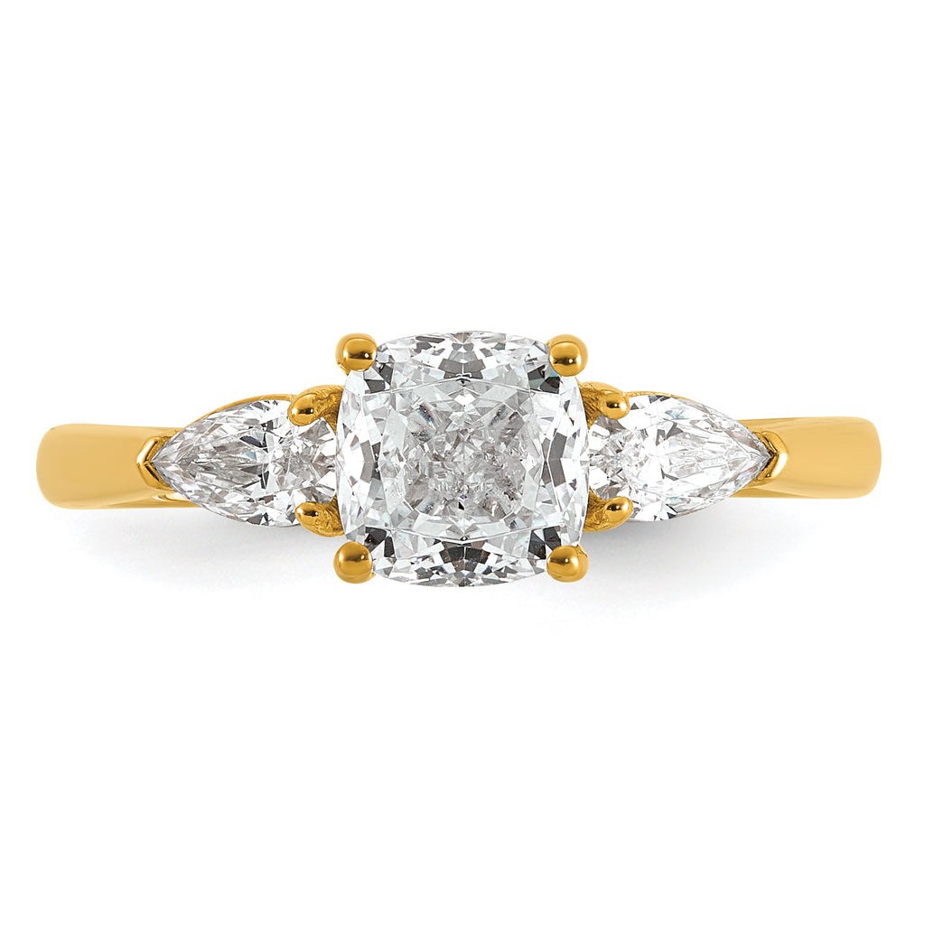 14k 1 3/8 carat Certified Lab Grown Diamond VS+ F+ Complete Cushion and Pear Three Stone Engagement Ring