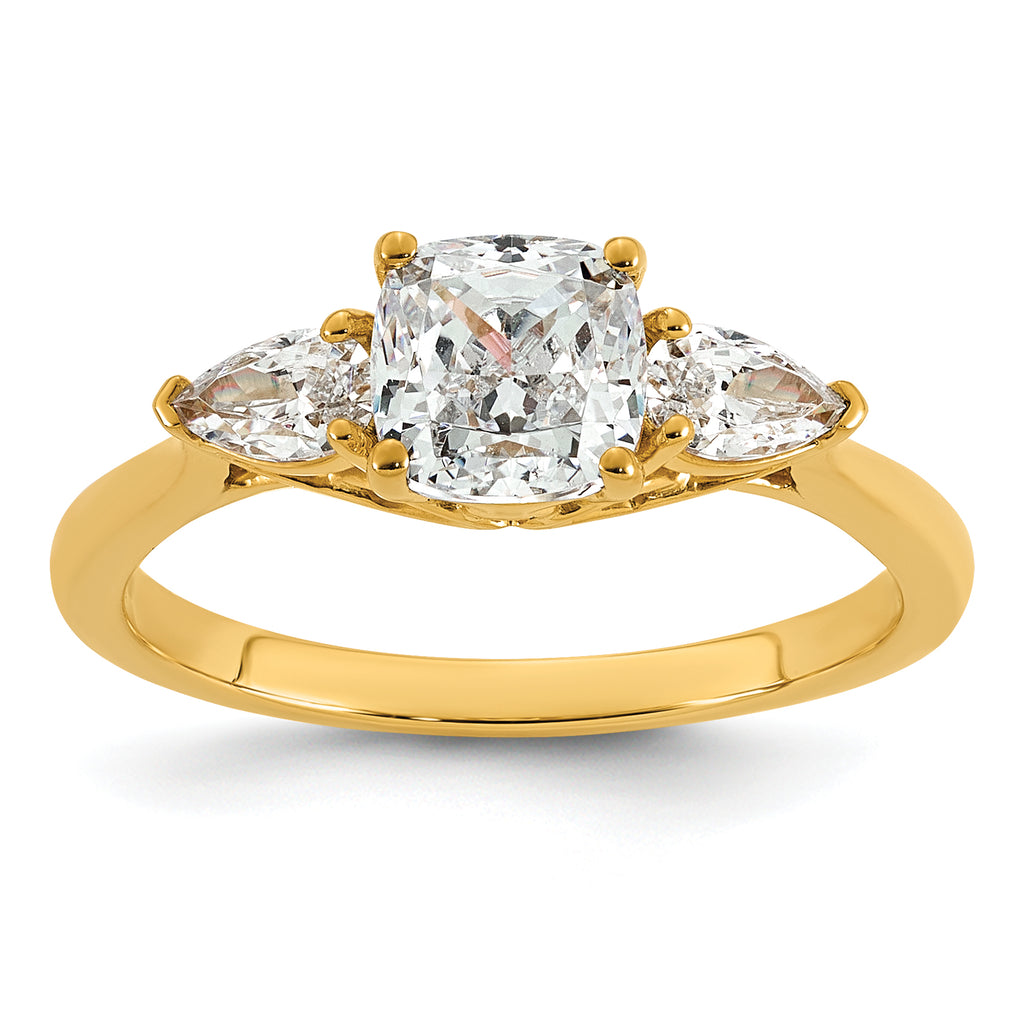 14k 1 3/8 carat Certified Lab Grown Diamond VS+ F+ Complete Cushion and Pear Three Stone Engagement Ring