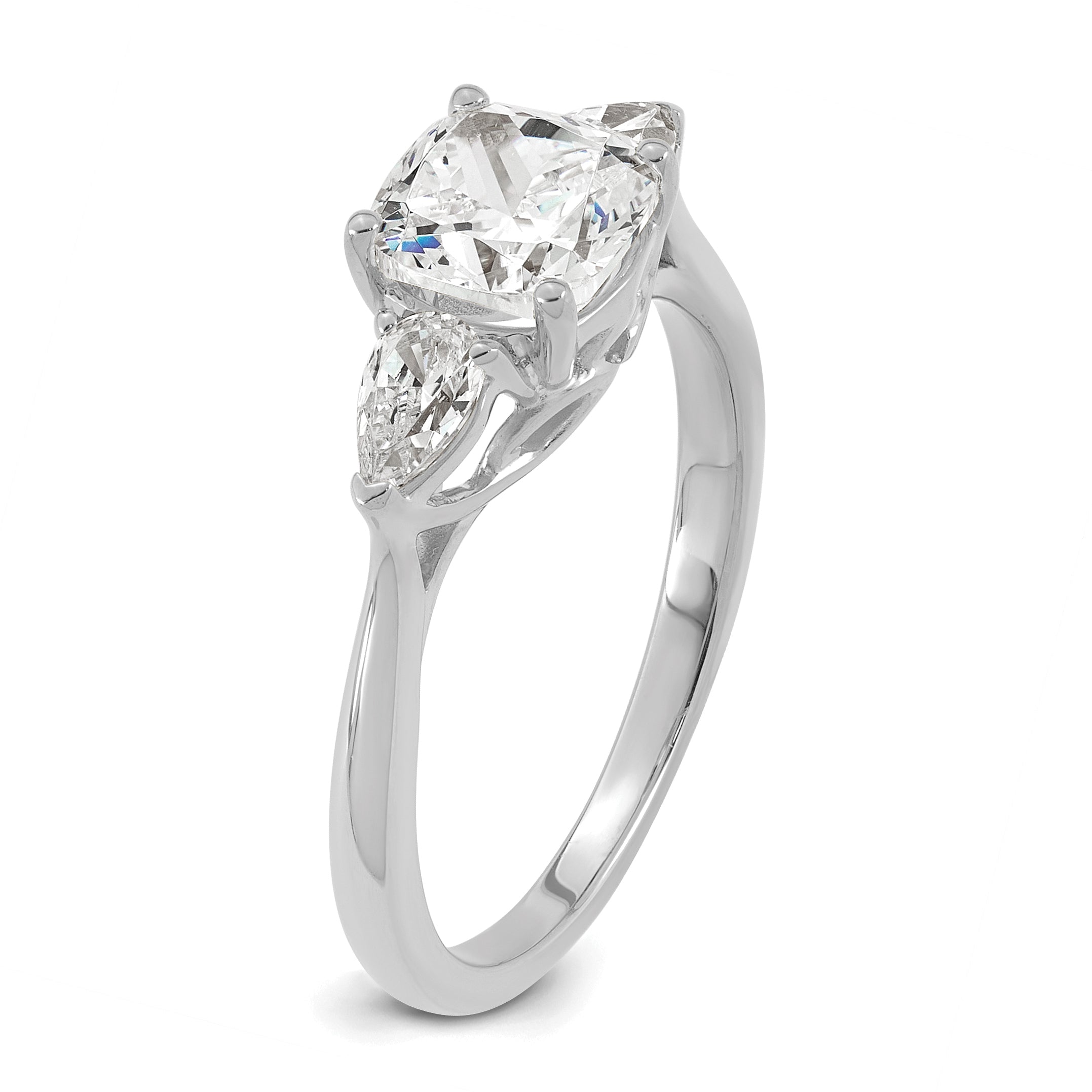 14k White Gold 2 carat Lab Grown Diamond VS+ F+ Complete Cushion and Pear Three Stone Engagement Ring